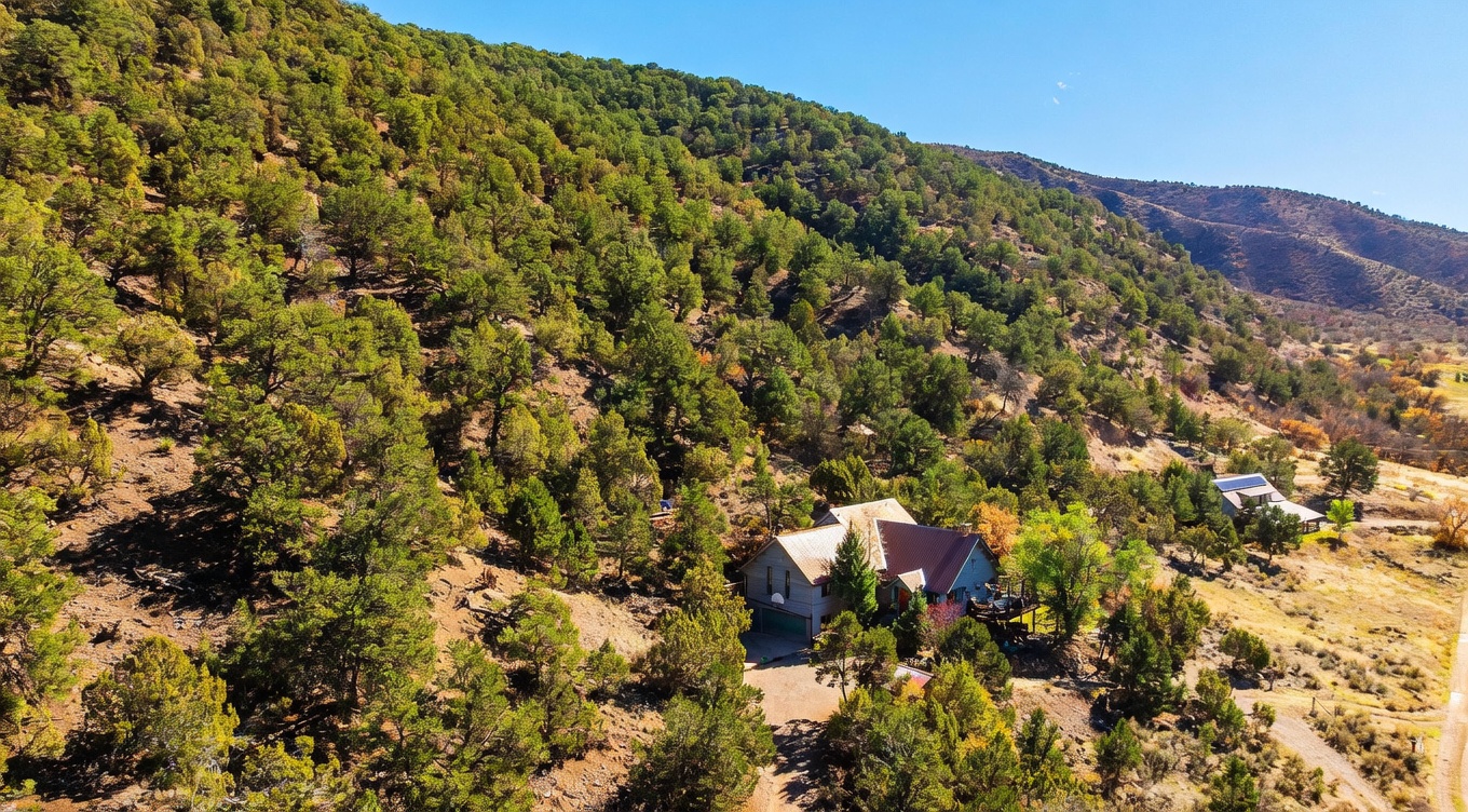 This aerial perspective captures a secluded mountain home nestled against a steep, tree-covered hillside. The residence features a multi-gabled roofline, a prominent garage, and a wooden deck overlooking the surrounding landscape. The property is set within a vast, natural environment, emphasizing privacy and a connection to the rugged terrain.