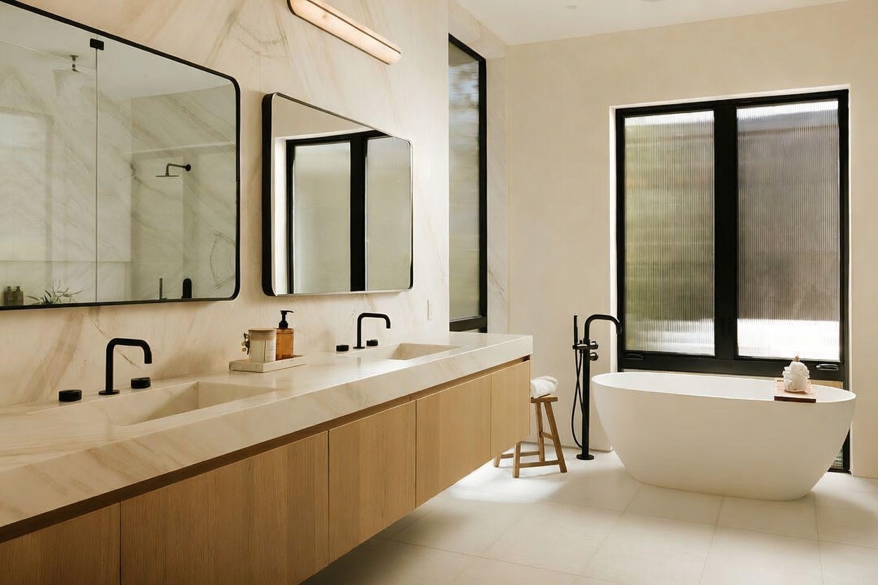 This modern primary bathroom features a long, light wood vanity with a stone countertop and dual sinks, complemented by two rectangular mirrors. A freestanding white soaking tub sits near a large window with textured glass, while a small wooden stool adds a natural touch. The space is finished with light-toned stone walls and flooring, creating a bright and serene atmosphere.