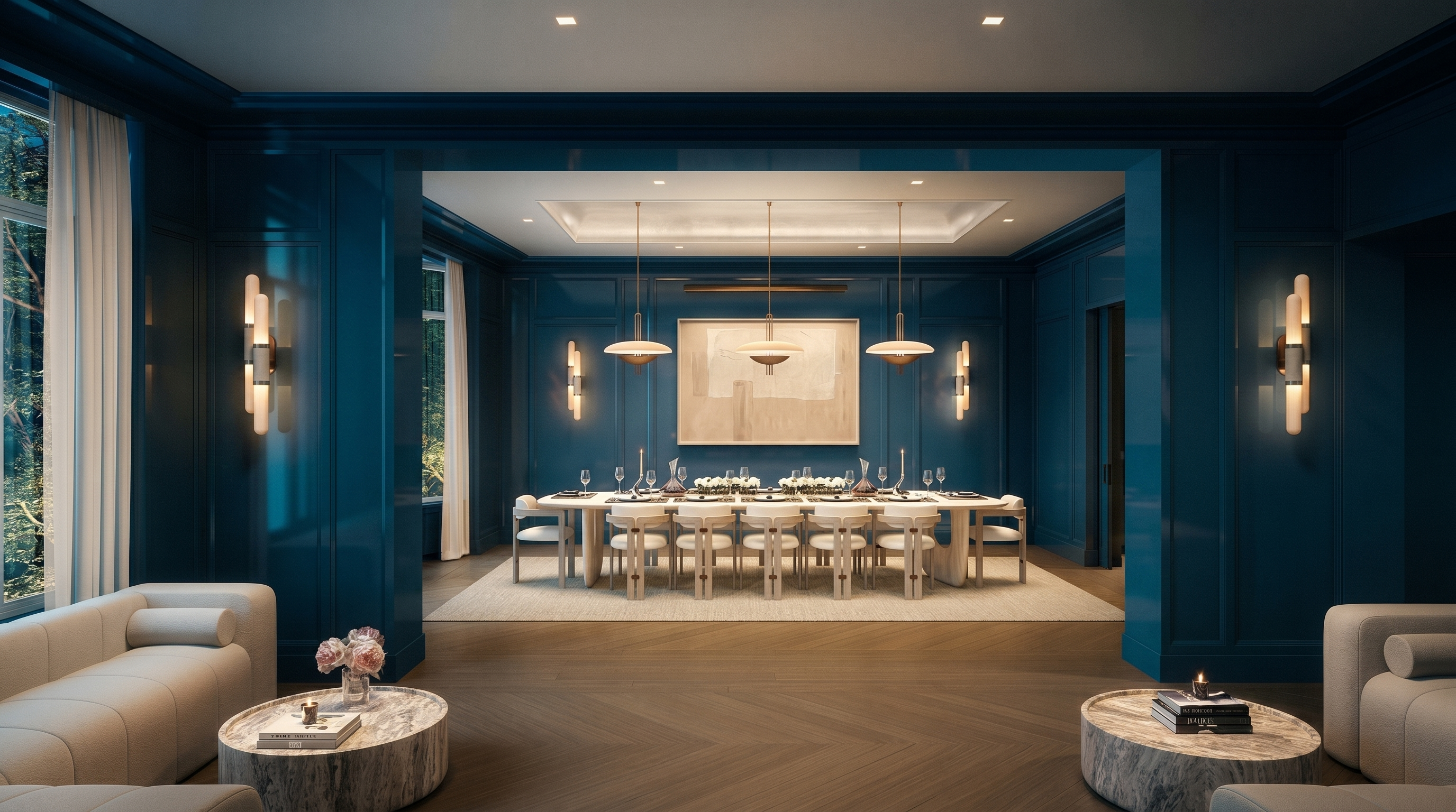 This sophisticated dining room features deep blue paneled walls and a long, central dining table surrounded by modern chairs, creating a formal and elegant atmosphere. The space is illuminated by three minimalist pendant lights hanging above the table, complemented by wall-mounted sconces and recessed lighting. The perspective looks through a wide opening from a living area, highlighting the seamless flow between rooms and the rich, dark color palette.