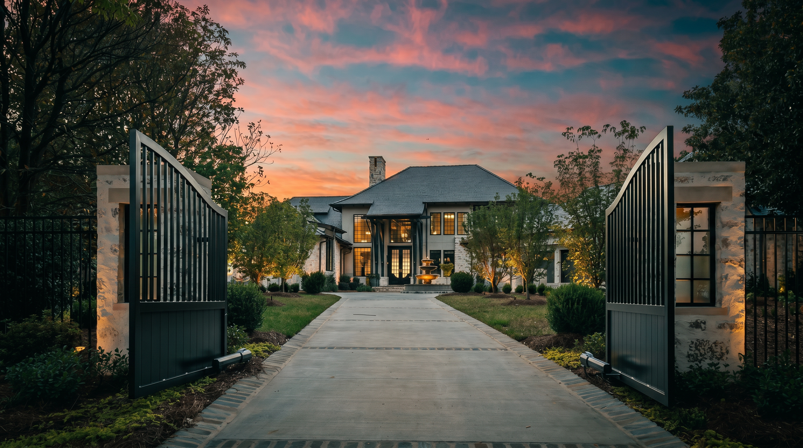 This grand estate is captured from a low-angle perspective, looking through an open wrought-iron gate toward the main residence. The home features a sophisticated stone facade, a multi-gabled roofline, and a symmetrical design centered around a prominent entryway. A long, paved driveway leads directly to the house, flanked by manicured landscaping and illuminated by warm exterior lighting against a vibrant sunset sky.