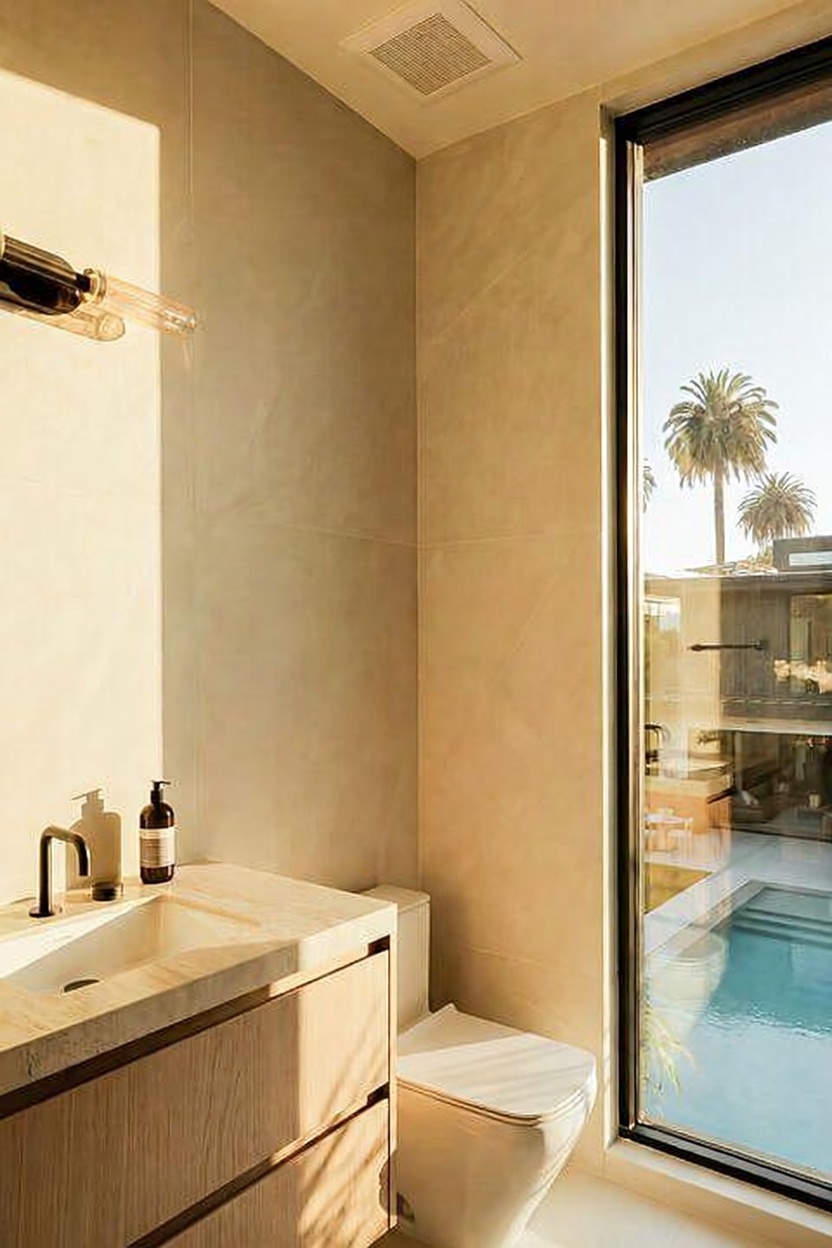 This modern powder room features a floating vanity with a light wood finish and a stone countertop, complemented by a minimalist faucet and a soap dispenser. A wall-mounted toilet sits beside a large window that provides a clear view of an outdoor swimming pool and palm trees. The space is bathed in warm, natural light, creating a serene and contemporary atmosphere.