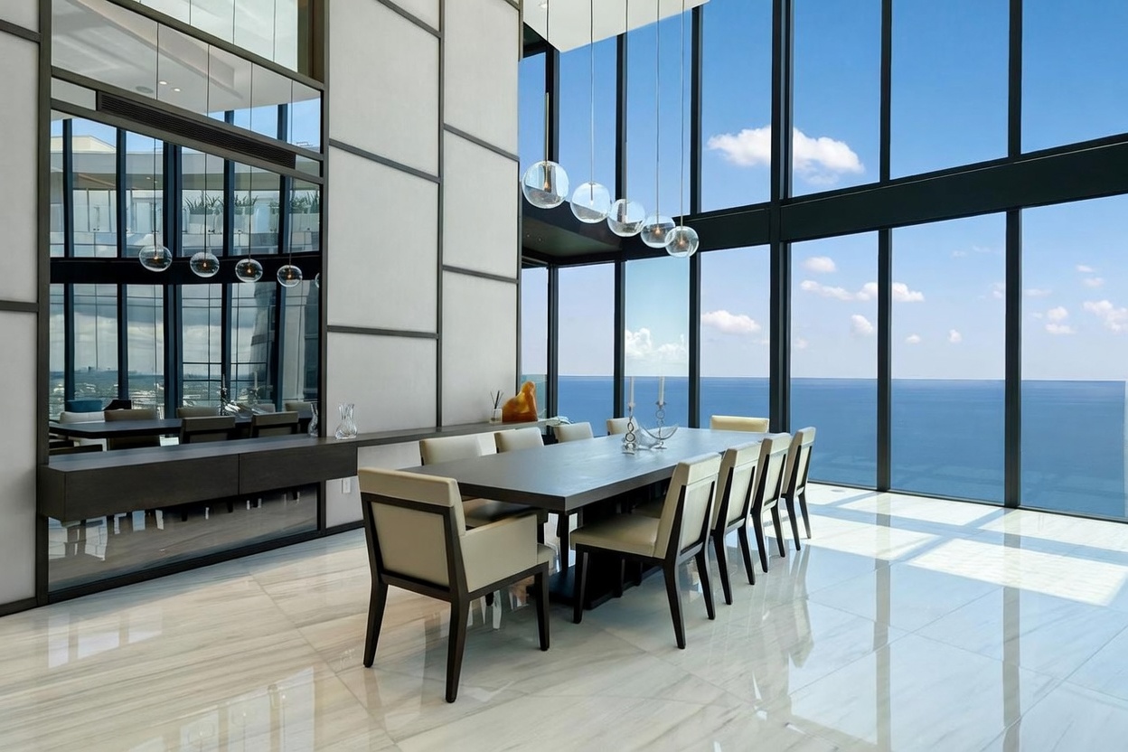 This sophisticated dining room features a long, dark-toned table surrounded by eight upholstered chairs, set against a backdrop of expansive floor-to-ceiling windows that offer a panoramic view of the ocean. A large, mirrored wall panel adds depth to the space, while a series of spherical pendant lights hangs above the table, creating a modern and airy atmosphere. The room is finished with polished, light-colored stone flooring that reflects the natural light pouring in from the exterior.