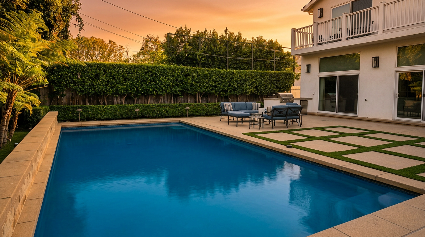 This stunning backyard oasis features a pristine rectangular swimming pool set against a modern two-story home. The beautifully landscaped area includes a paved patio with outdoor lounge seating, a barbecue station, and a manicured hedge that provides privacy under a vibrant sunset sky. The combination of clean architectural lines and well-maintained hardscaping makes for an ideal space for outdoor entertaining.