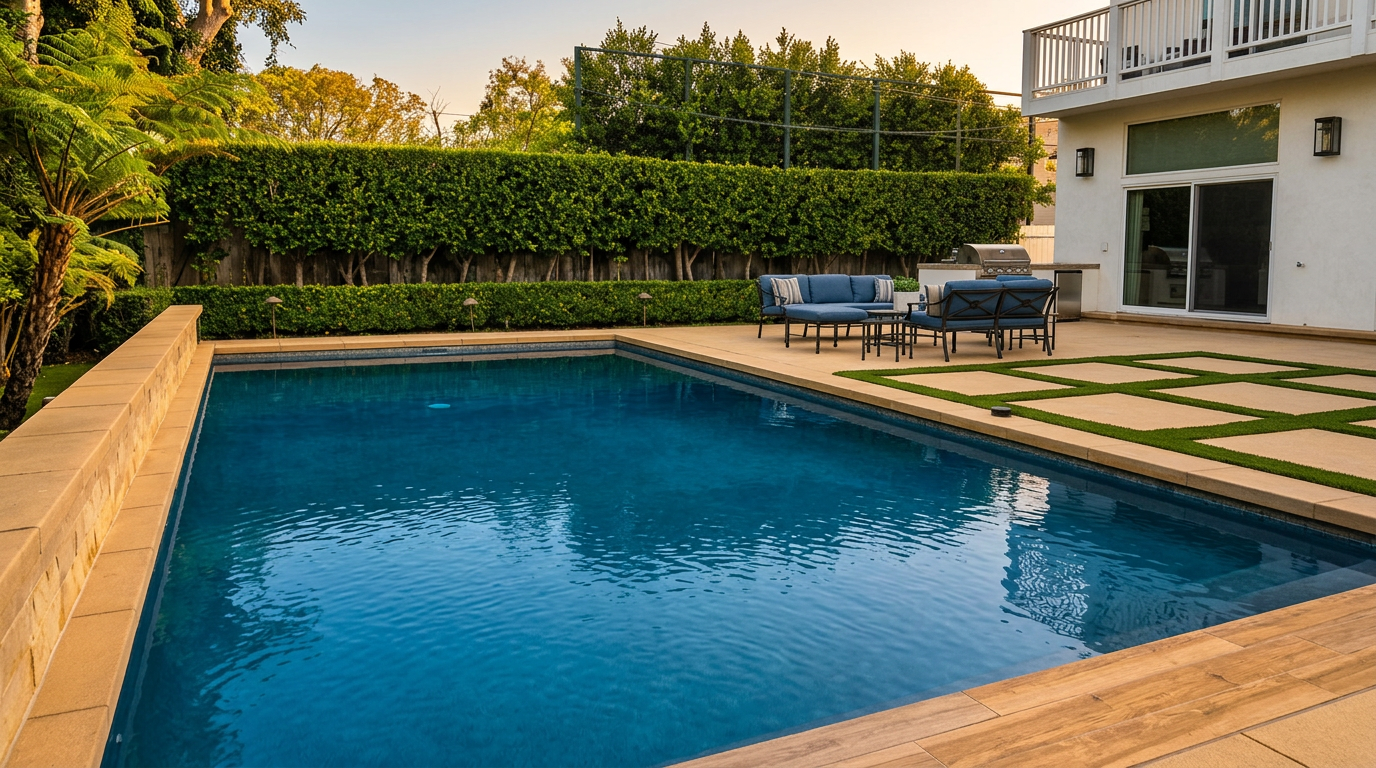 This stunning backyard oasis features a rectangular swimming pool surrounded by sleek, light-toned paved decking and a landscaped grass-inlay patio area. A sophisticated outdoor lounge set defines the seating space, set against a backdrop of a neatly manicured tall hedge for privacy. The property includes a modern two-story white home, creating a clean, luxurious, and inviting atmosphere perfect for outdoor recreation and relaxation.