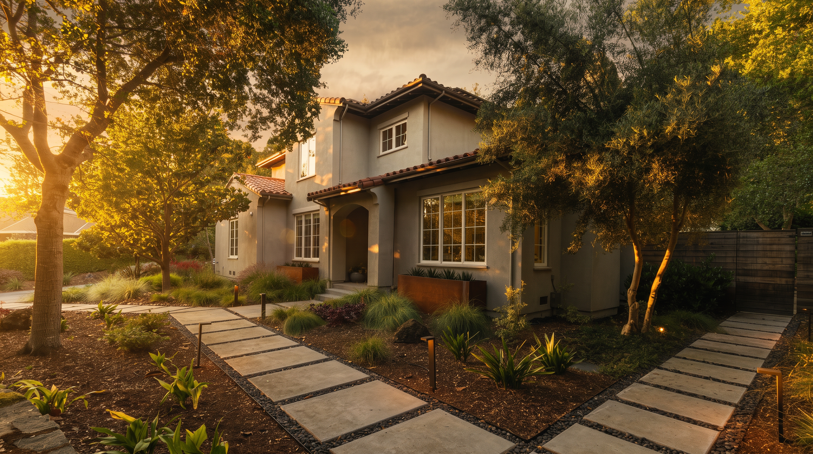 This inviting front exterior showcases a Mediterranean-inspired home with a light-colored stucco facade and a classic tile roof. A modern, geometric concrete paver walkway leads through a beautifully landscaped front yard featuring native grasses, mature trees, and rusted metal planter boxes. The warm, golden hour lighting enhances the home's curb appeal, highlighting the clean lines and welcoming entryway.