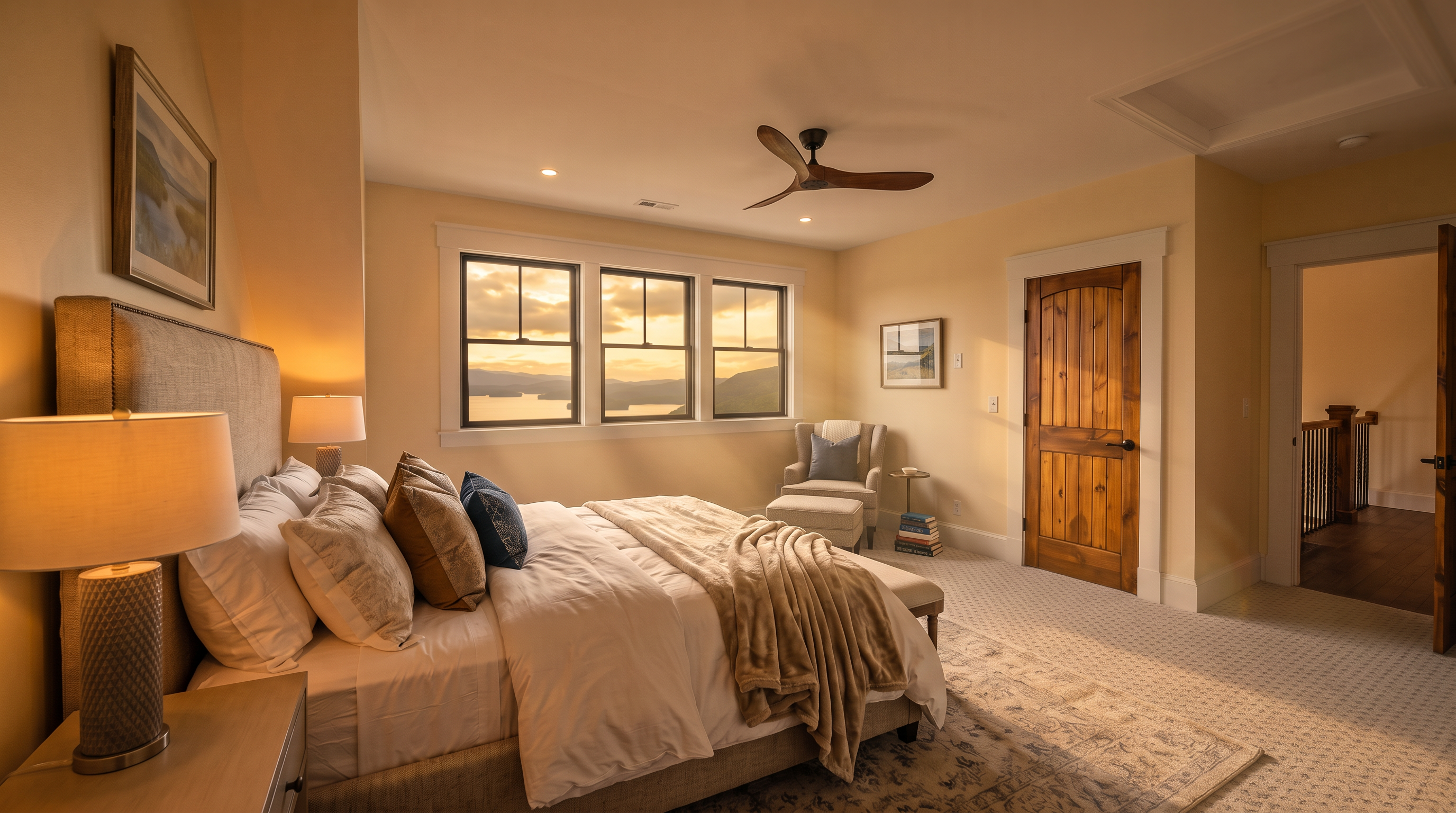 This spacious, light-filled bedroom features neutral walls, patterned carpet, and a modern wooden ceiling fan. The room is highlighted by a large window arrangement offering scenic views of a lake and surrounding mountains, while a rustic wood door adds a touch of farmhouse character. The minimalist layout provides a versatile space, ideal for a comfortable guest room or home office.