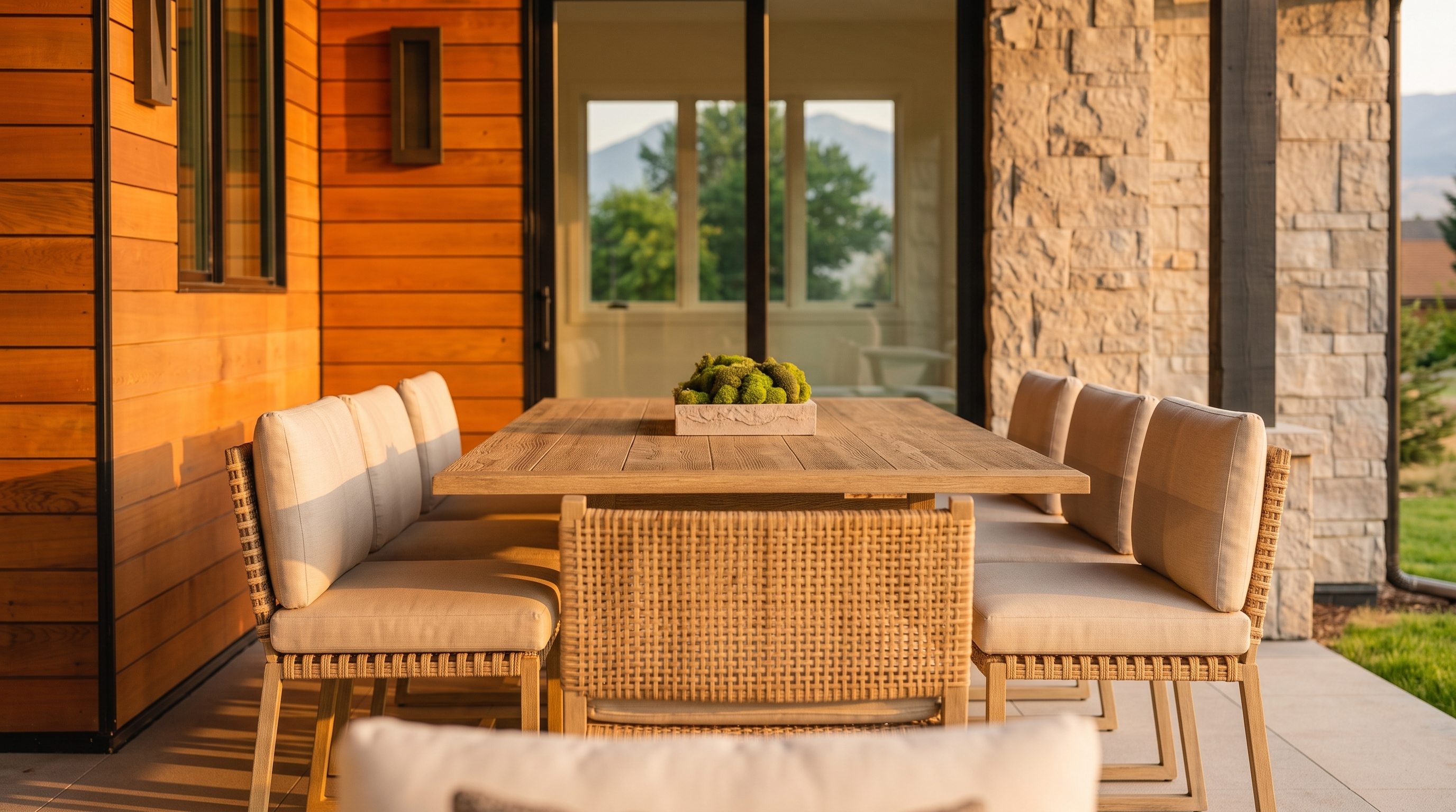 This outdoor patio features a contemporary dining set with woven chairs and light-colored cushions, perfectly positioned against a home exterior blend of warm wood siding and textured stone masonry. A large glass sliding door opens to the interior, creating a seamless transition between indoor and outdoor living spaces. The setting is enhanced by the golden hour light, offering a sophisticated and inviting atmosphere for alfresco dining.