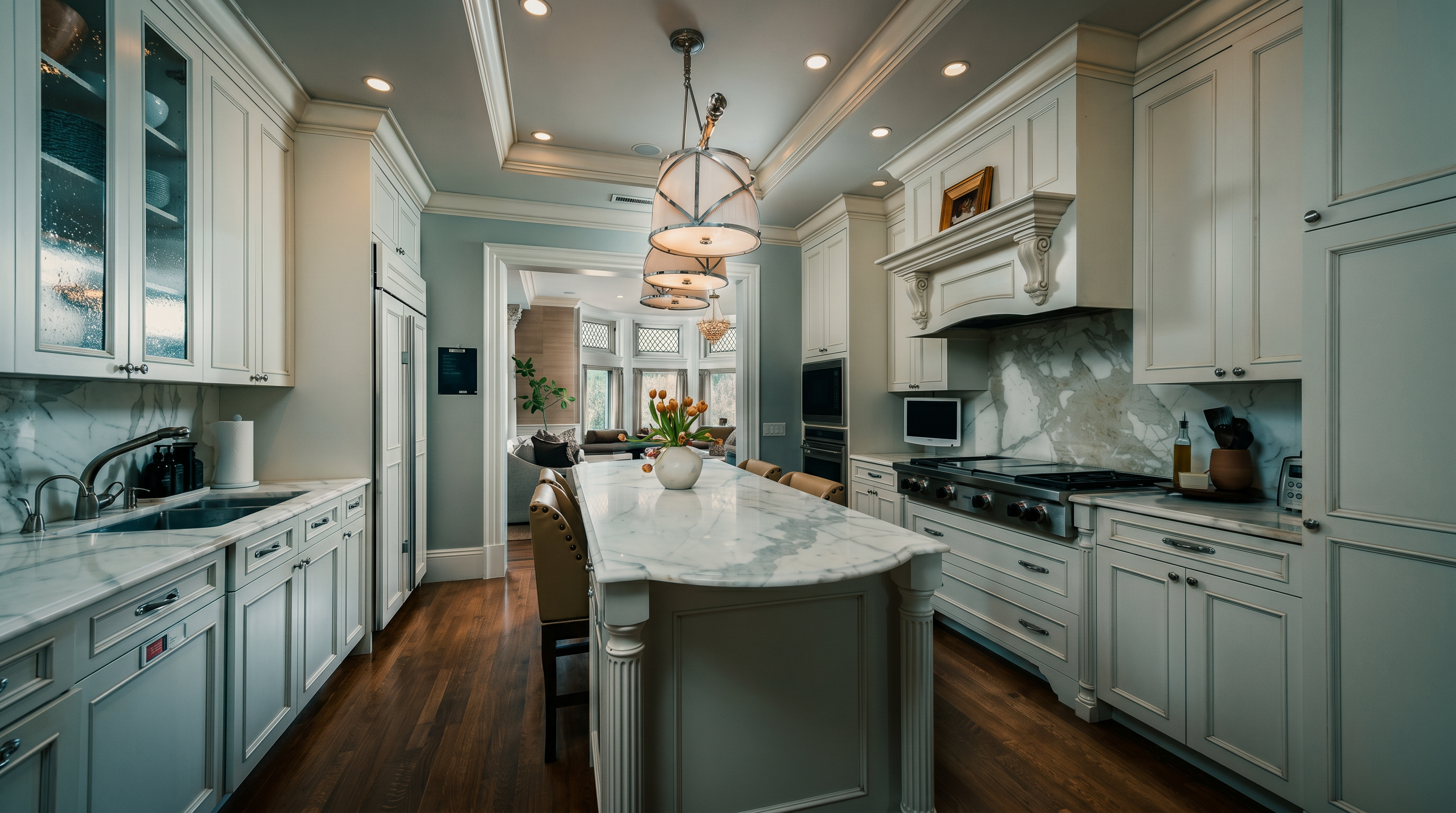 This elegant, bright kitchen features white cabinetry, a large central island with a stone countertop, and warm-toned wood flooring. The space is equipped with high-end stainless steel appliances, including a professional-style range with a decorative hood, and is illuminated by recessed lighting and stylish pendant fixtures. The perspective looks directly down the center of the kitchen, highlighting the symmetrical layout and the seamless transition into the adjacent living area.