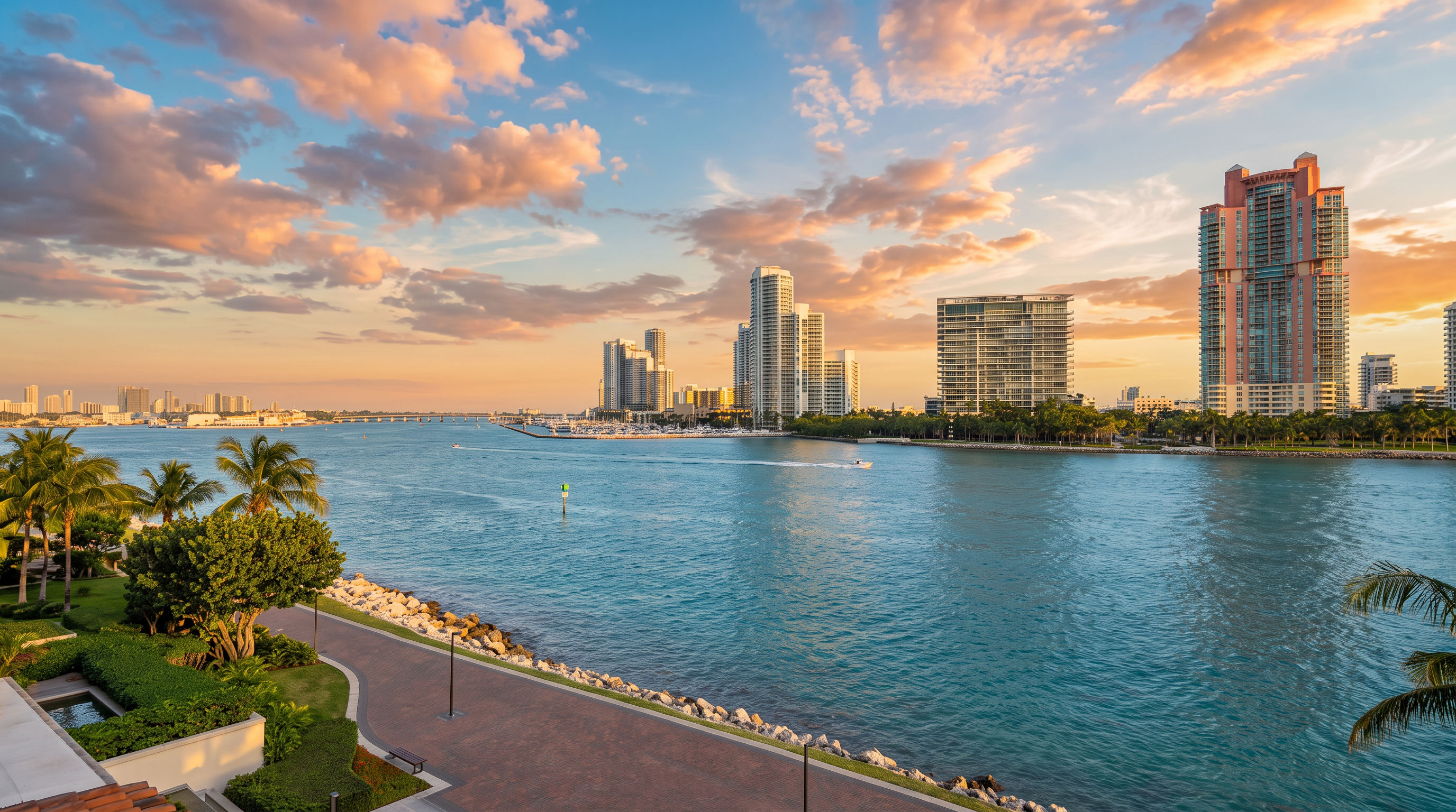 This elevated perspective captures a sweeping waterfront view from a balcony, overlooking a vibrant blue bay and a paved promenade lined with palm trees. In the distance, a skyline of modern high-rise buildings stands against a clear, bright blue sky, creating a picturesque urban-coastal setting. The foreground includes a glimpse of a tiled roof edge, emphasizing the vantage point of a luxury residential property.
