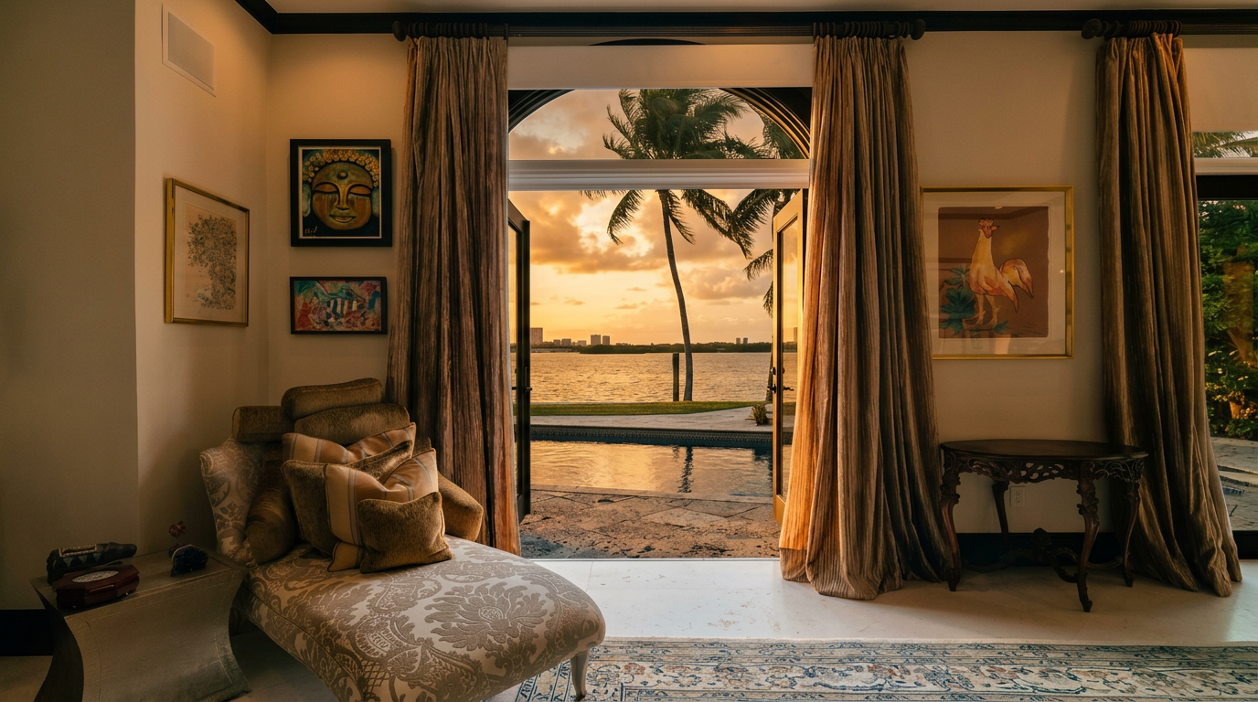 This elegant living space features a chaise lounge positioned to take advantage of a large arched window that frames a picturesque view of a private pool and the waterfront beyond. The room is decorated with framed artwork, including a Buddha portrait and a rooster print, and features a dark wood side table with intricate carvings. The combination of soft, draped curtains and the serene outdoor vista creates a tranquil and sophisticated atmosphere.