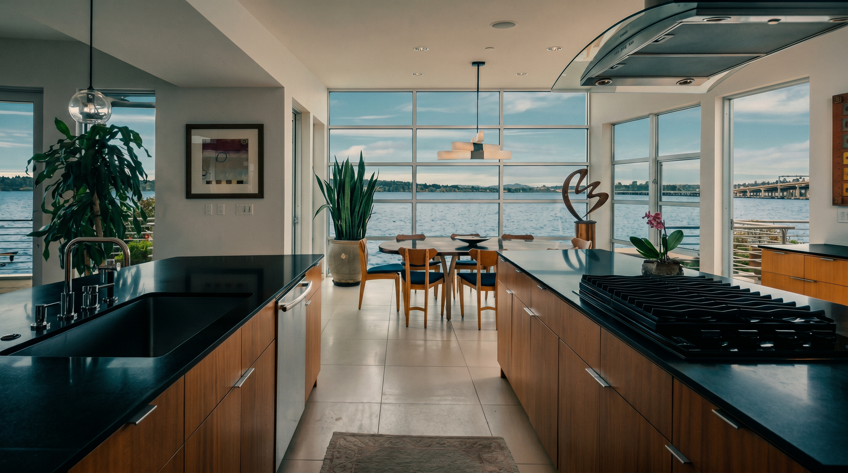 This modern kitchen features a galley-style layout with warm-toned wood cabinetry and dark stone countertops. The space opens directly into a dining area framed by expansive, floor-to-ceiling windows that offer a panoramic view of the water. The clean lines and minimalist aesthetic create a bright, airy atmosphere that emphasizes the connection between the indoor living space and the natural scenery outside.