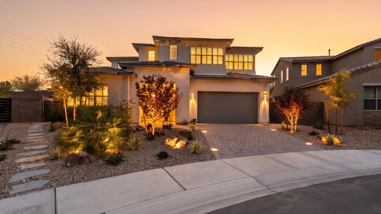 This modern two-story residence features a contemporary architectural style with a mix of light-toned stucco and stone accents. The front facade includes a paved driveway leading to a two-car garage, complemented by a landscaped desert-style yard with illuminated trees and shrubs. The scene is captured at dusk, with the warm glow of exterior lighting contrasting against a vibrant sunset sky.