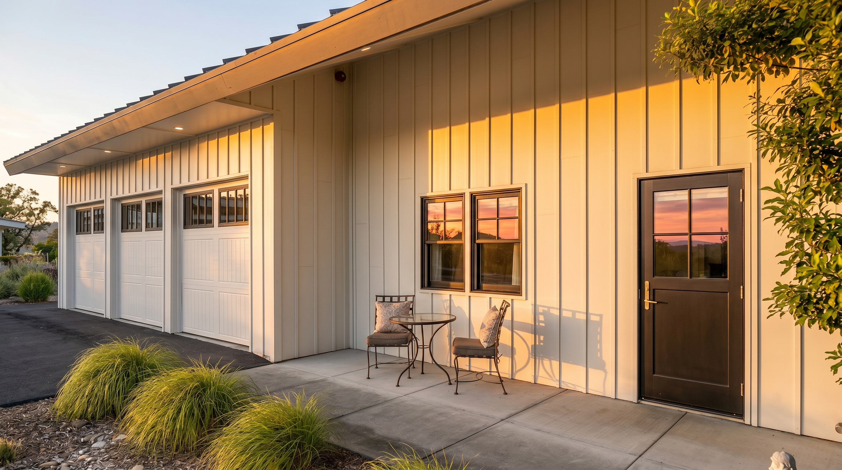 This exterior view captures a modern, farmhouse-style building featuring white vertical siding and a sleek, dark-trimmed garage section. A concrete patio area in the foreground is furnished with a small bistro set, creating a cozy outdoor seating space adjacent to a black-framed glass door. The scene is bathed in bright, natural sunlight, highlighting the clean lines of the architecture and the well-maintained landscaping.