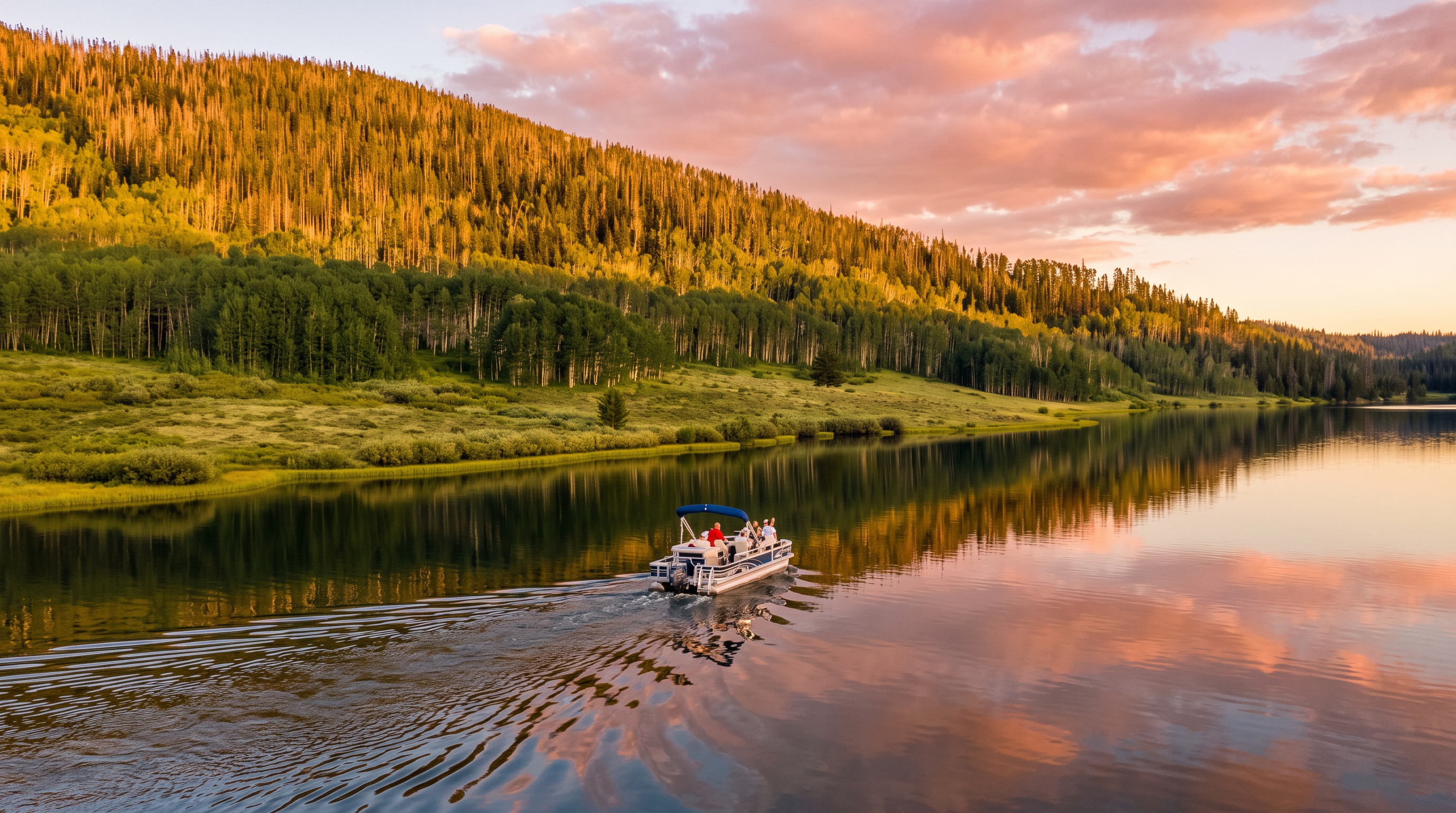 This aerial perspective captures a serene lake scene featuring a pontoon boat cruising across calm, reflective waters. The shoreline is lined with lush green vegetation and a dense forest of pine and aspen trees, set against a vibrant sunset sky. The composition emphasizes the tranquil, recreational lifestyle associated with the property's location.