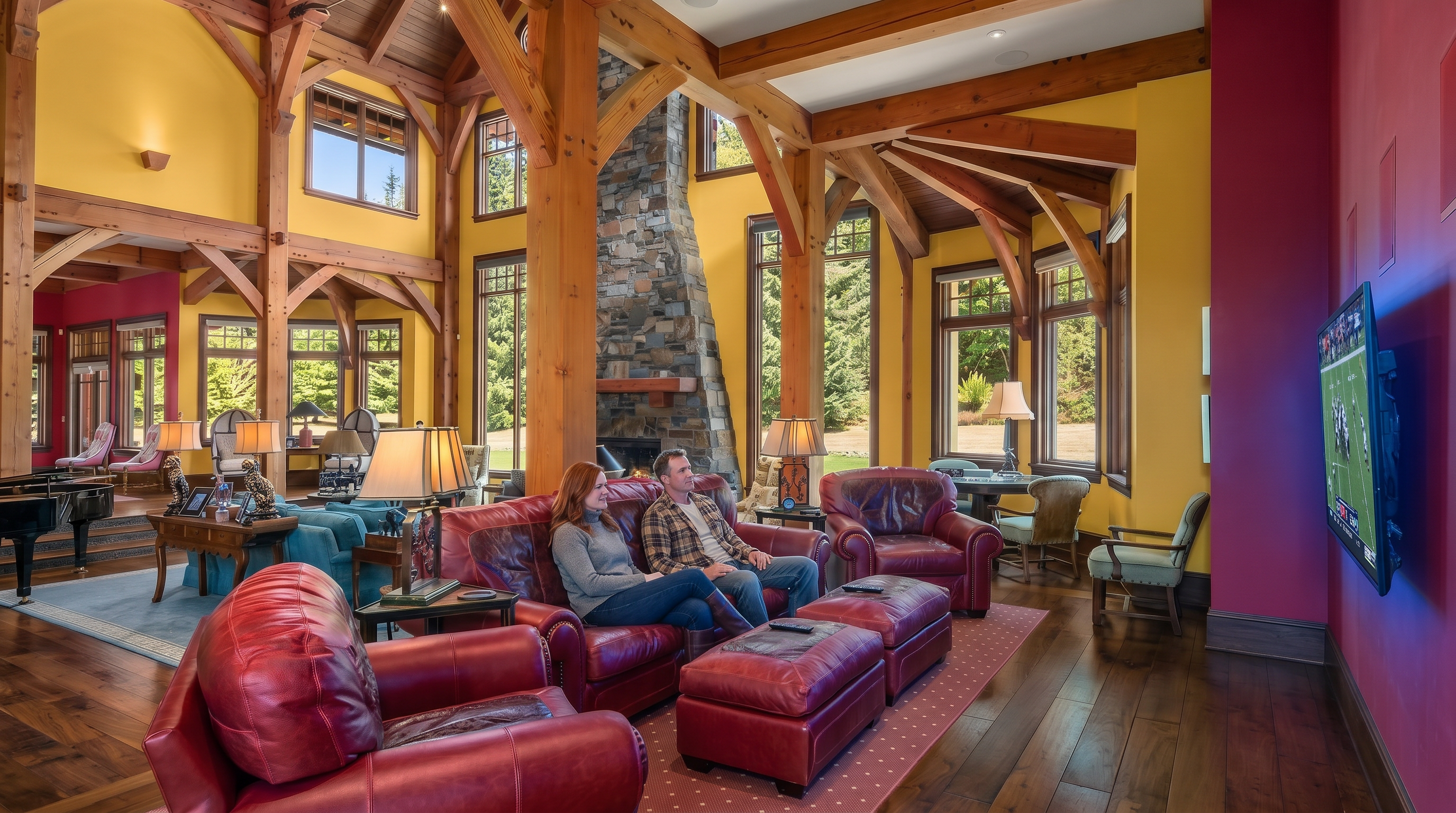 This expansive living room features a dramatic timber-frame structure with exposed beams and tall windows that flood the space with natural light. A prominent stone-clad chimney breast serves as a central focal point, complemented by rich red leather seating and dark wood flooring. The room offers a warm, rustic aesthetic with vibrant yellow and red wall accents, creating a grand yet inviting atmosphere.