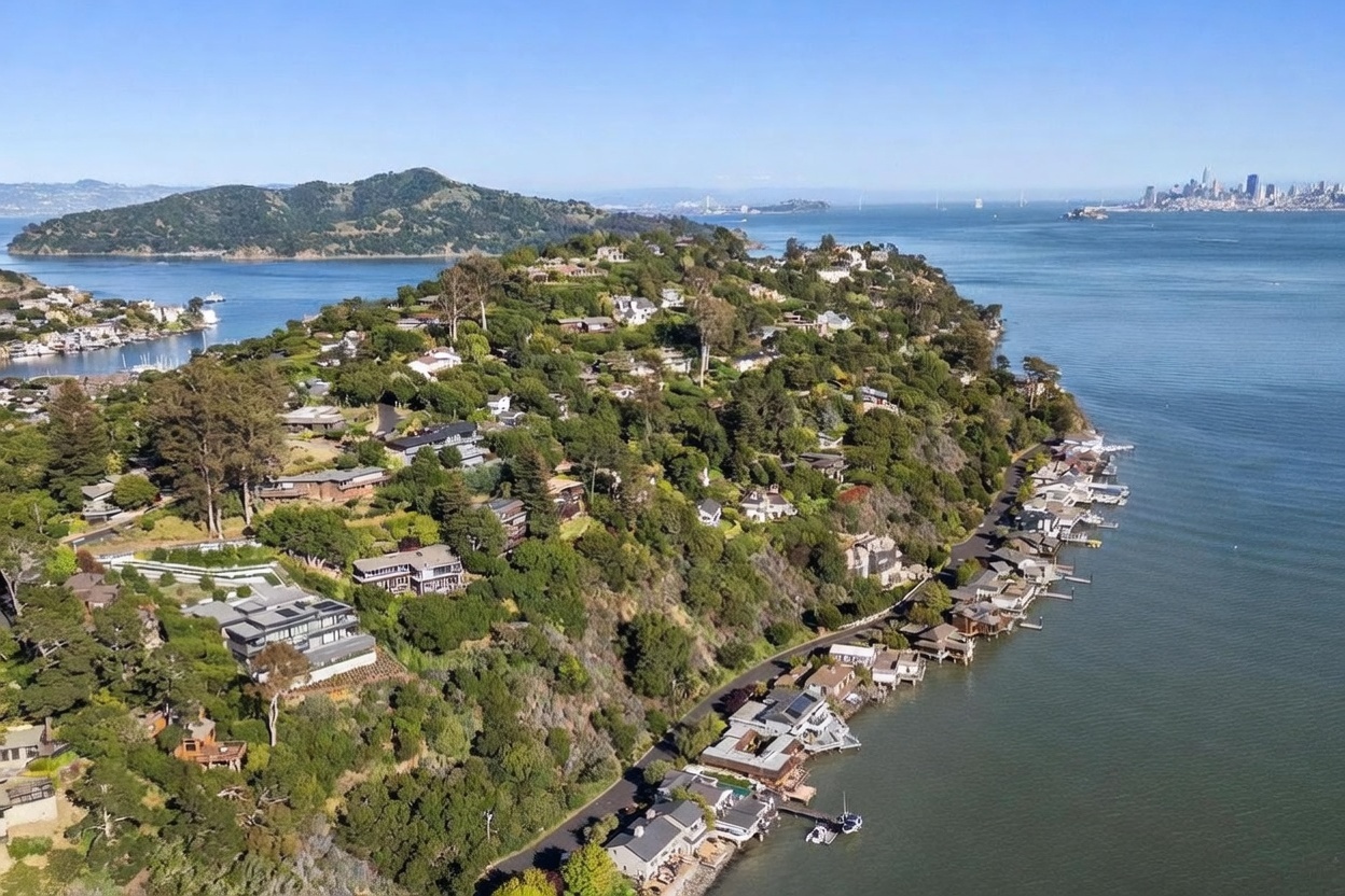 This high-altitude aerial perspective captures a lush, hilly peninsula extending into a calm bay, with the San Francisco skyline visible in the distant background. The landscape is densely populated with residential homes nestled among mature trees, while a series of waterfront properties line the shore with private docks. The scene offers a panoramic view of the coastal topography, highlighting the unique integration of luxury hillside living and direct water access.