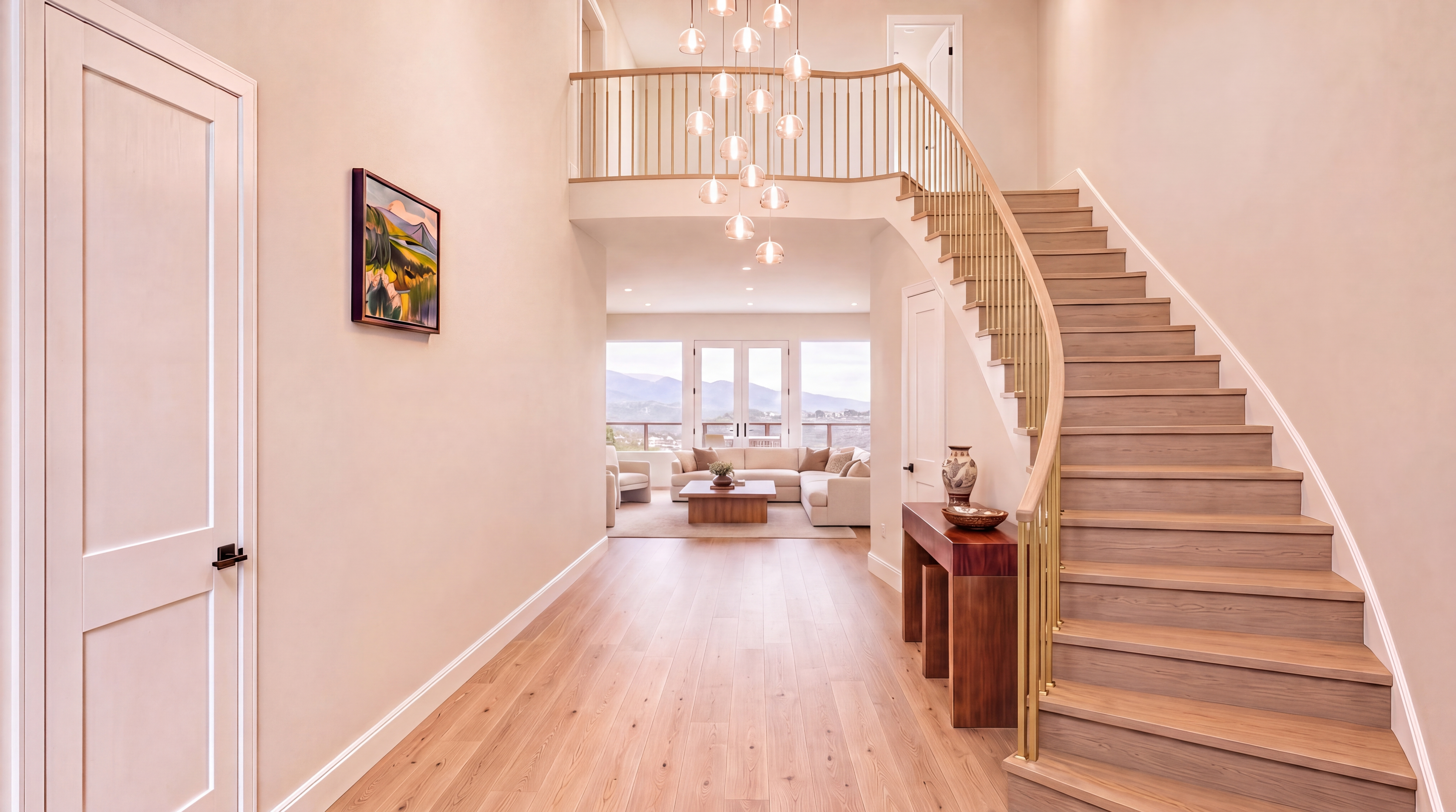 This elegant entry foyer features a striking curved staircase with modern gold-toned metal railings and light wood treads, leading up to an open landing. The space is anchored by a contemporary multi-globe chandelier and flows directly into a bright, open-concept living area with sweeping mountain views. The neutral color palette and clean lines create a sophisticated, airy, and inviting atmosphere.