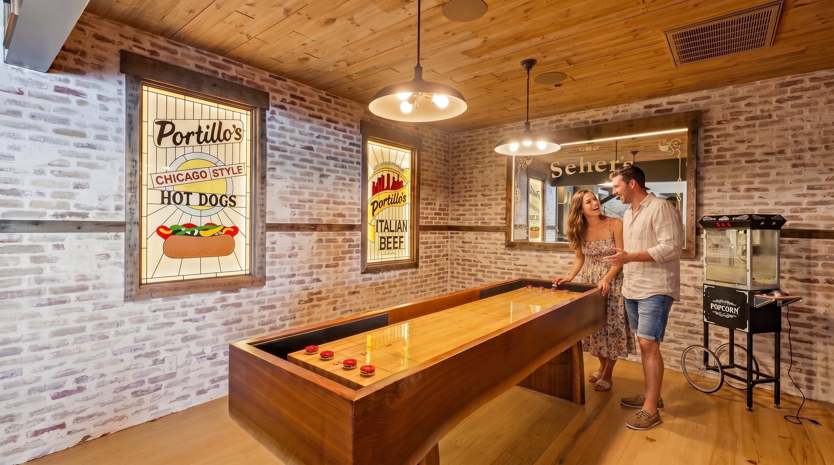 This recreational space features a rustic, pub-inspired aesthetic with exposed brick walls and a wood-paneled ceiling. A central shuffleboard table serves as the focal point, complemented by vintage-style illuminated wall art and a classic popcorn machine in the corner. The warm lighting and wood flooring create an inviting atmosphere perfect for entertainment and leisure.