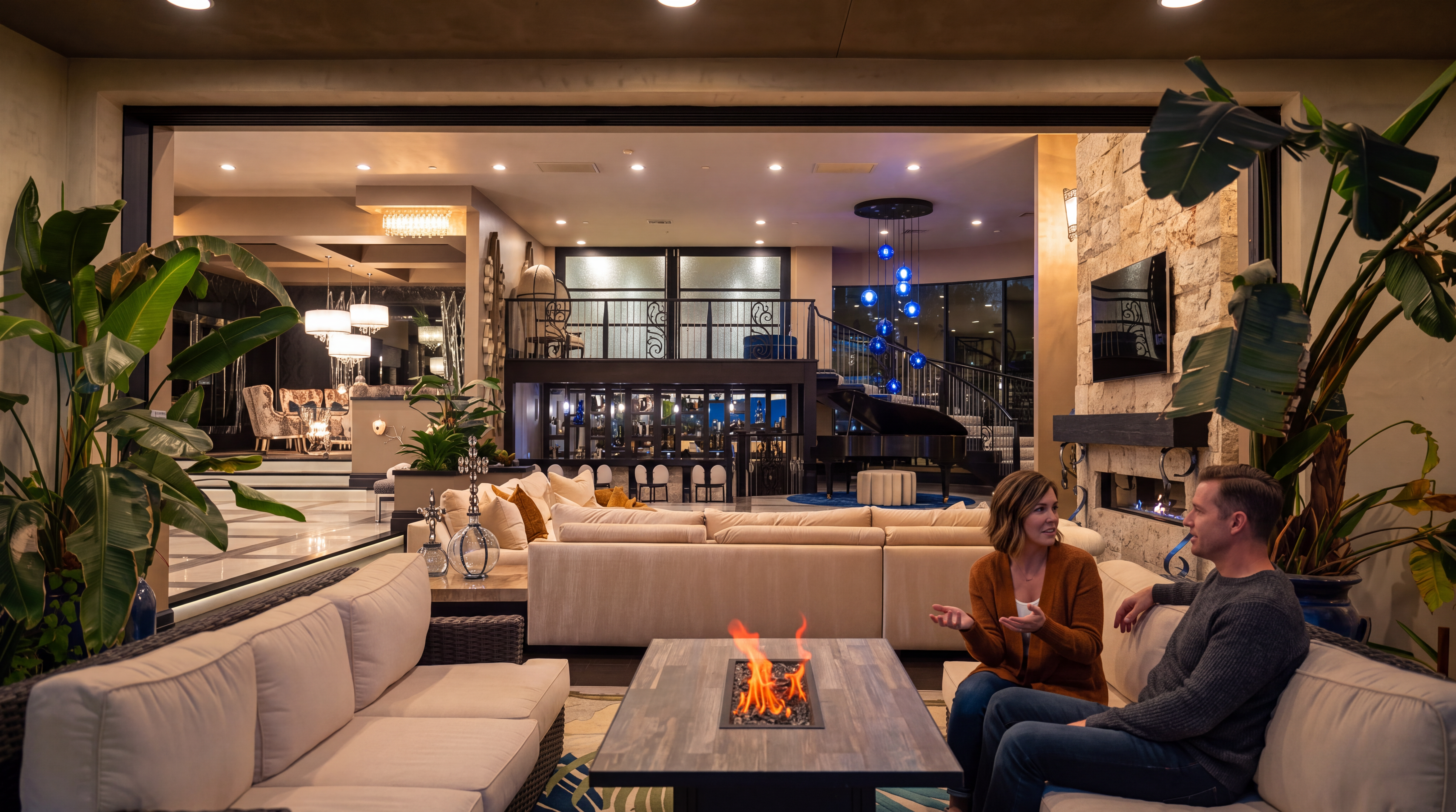 This luxurious living space seamlessly blends indoor and outdoor entertaining areas, centered around a modern gas fire table. The open-concept design features sophisticated contemporary decor, high-end lighting fixtures, and a dramatic grand piano visible on the mezzanine level. The expansive layout and refined furnishings create an atmosphere of elegance and comfort, perfect for high-end residential living.