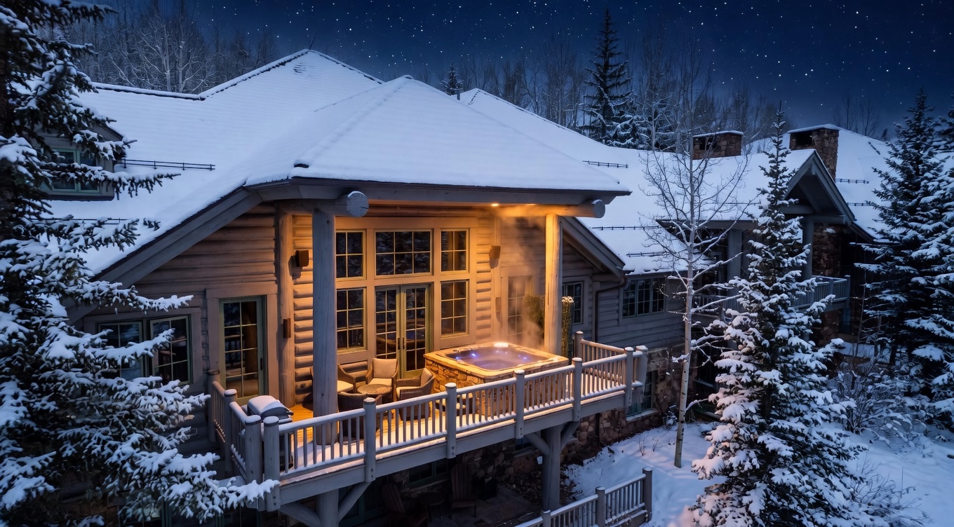 This stunning mountain-style cabin captures a cozy, inviting atmosphere with its warm lighting emanating from the house onto the snow-covered deck. The primary feature is a steaming hot tub placed on the elevated wooden balcony, perfectly positioned to enjoy the serene winter landscape and starry night sky. The home features classic log siding, large windows, and sturdy wooden architecture, creating a quintessential luxury retreat vibe.