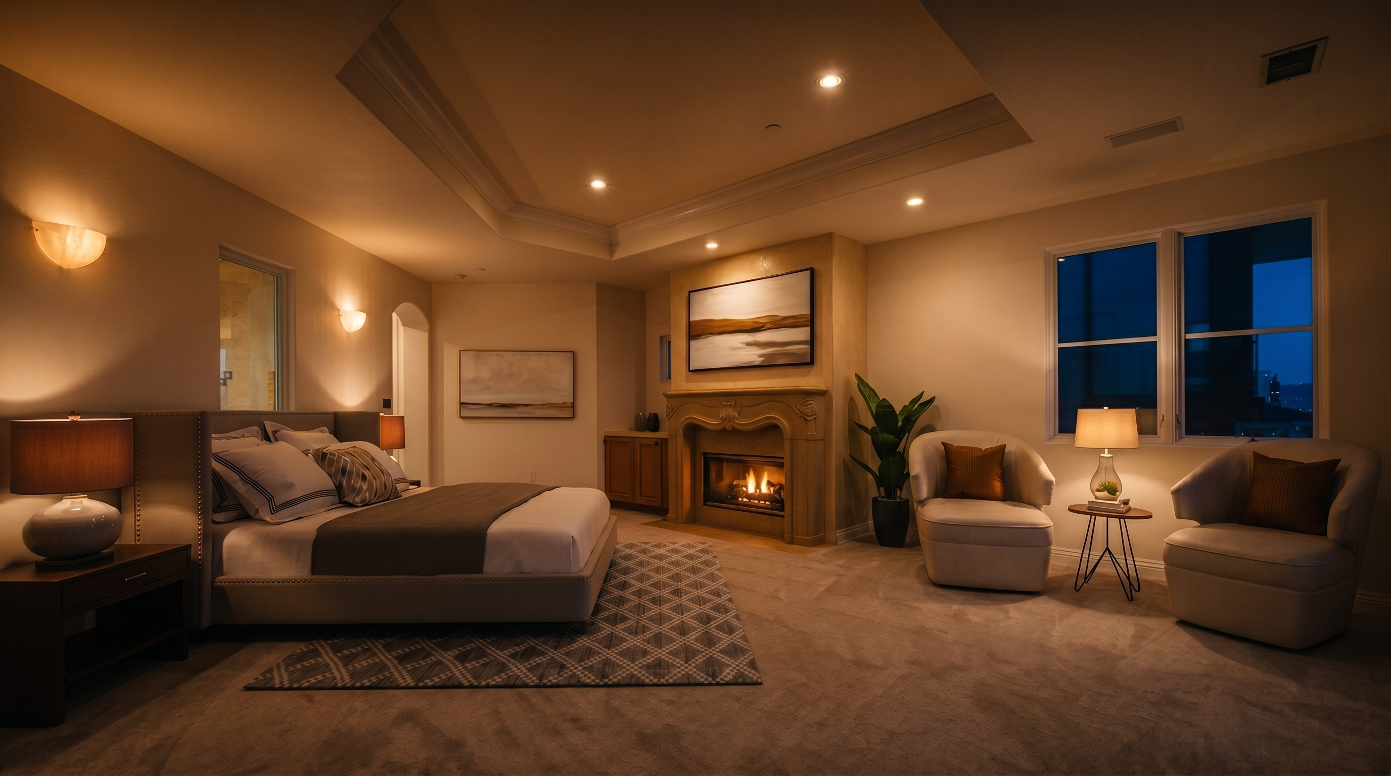 This spacious primary bedroom features a neutral color palette, a large bed with a tufted headboard, and a cozy seating area with two armchairs. A prominent fireplace with a decorative stone surround serves as the focal point, complemented by a tray ceiling and soft recessed lighting. Large windows allow for ample natural light, creating an airy and inviting atmosphere.