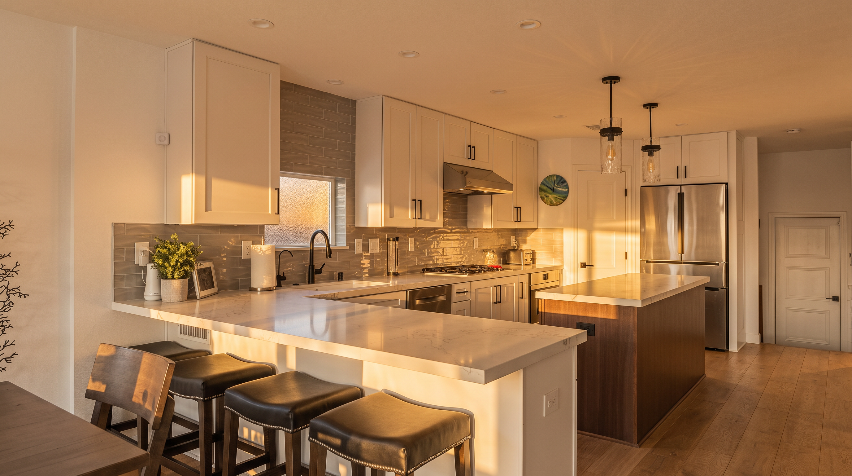 This bright, contemporary kitchen features white Shaker-style cabinetry, a contrasting wood-toned center island, and quartz countertops throughout. The space is accented by a gray subway tile backsplash, modern black hardware, and stylish pendant lighting over the island. The open-concept design flows seamlessly into the dining area and includes stainless steel appliances, creating a functional and elegant culinary space.