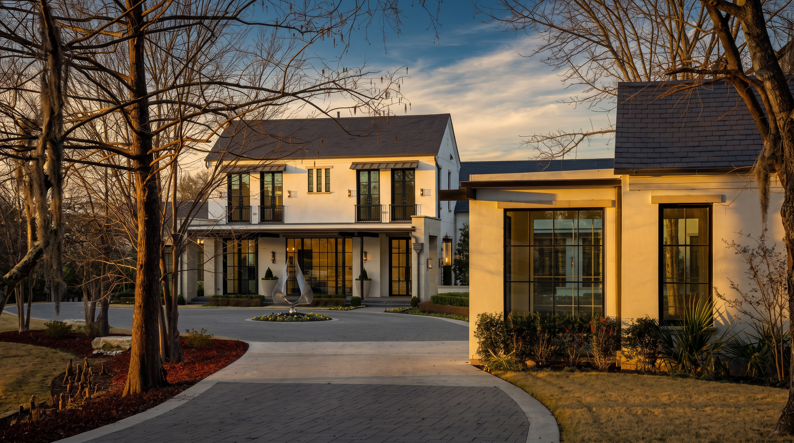 This elegant estate features a sophisticated white stucco facade with dark-framed, large windows and a slate-tiled roof. A circular driveway paved with patterned stone leads to the grand entrance, accented by a modern metallic sculpture in the center. The perspective captures the expansive front courtyard, highlighting the clean architectural lines and the harmonious blend of traditional and contemporary design elements.