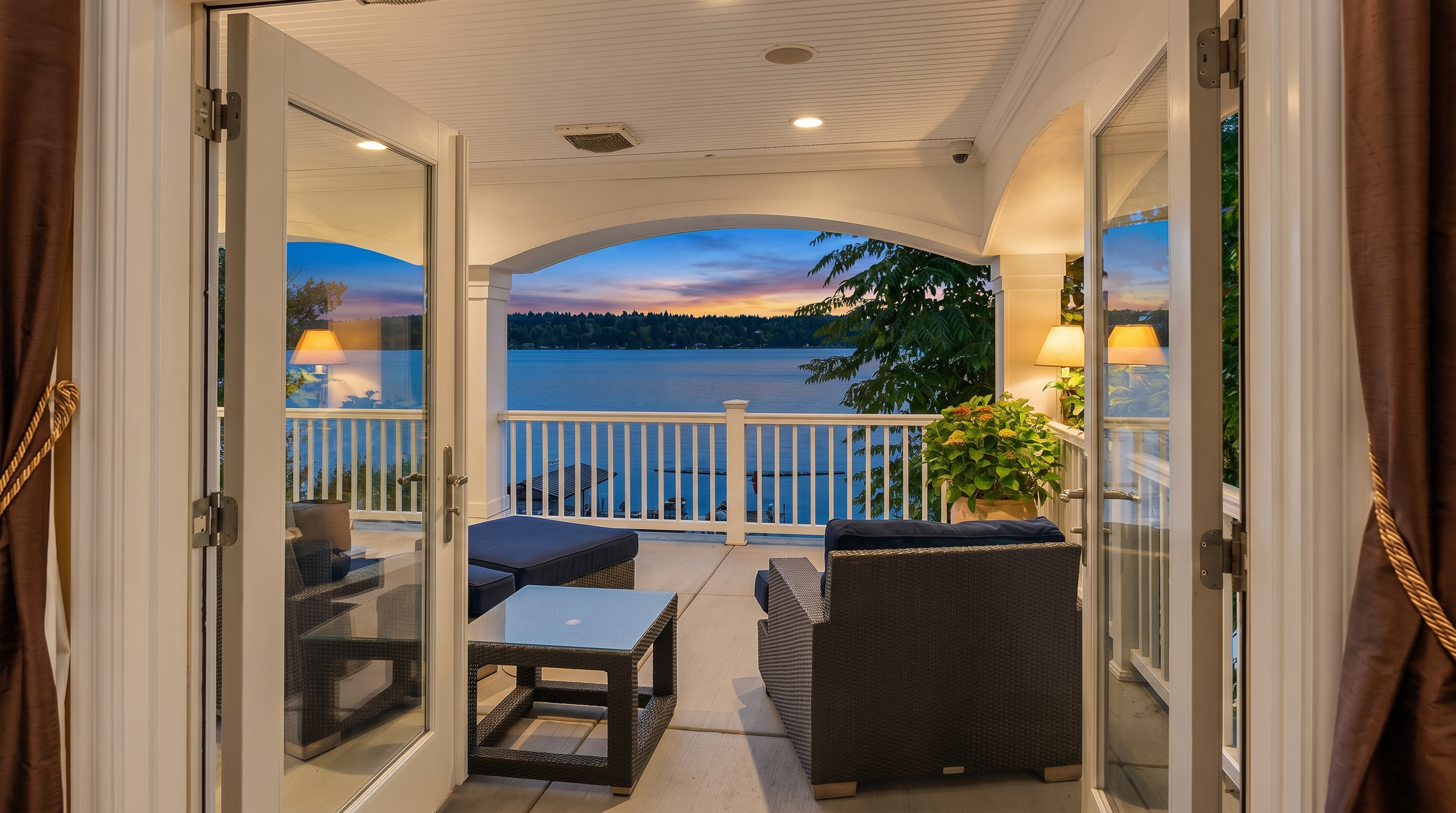 This inviting covered balcony offers a serene outdoor living space with comfortable wicker furniture and a glass-topped table. The perspective is framed by open French doors, drawing the eye toward a stunning, unobstructed view of a calm lake and distant treeline. The space features a clean, neutral aesthetic that emphasizes the peaceful waterfront setting.