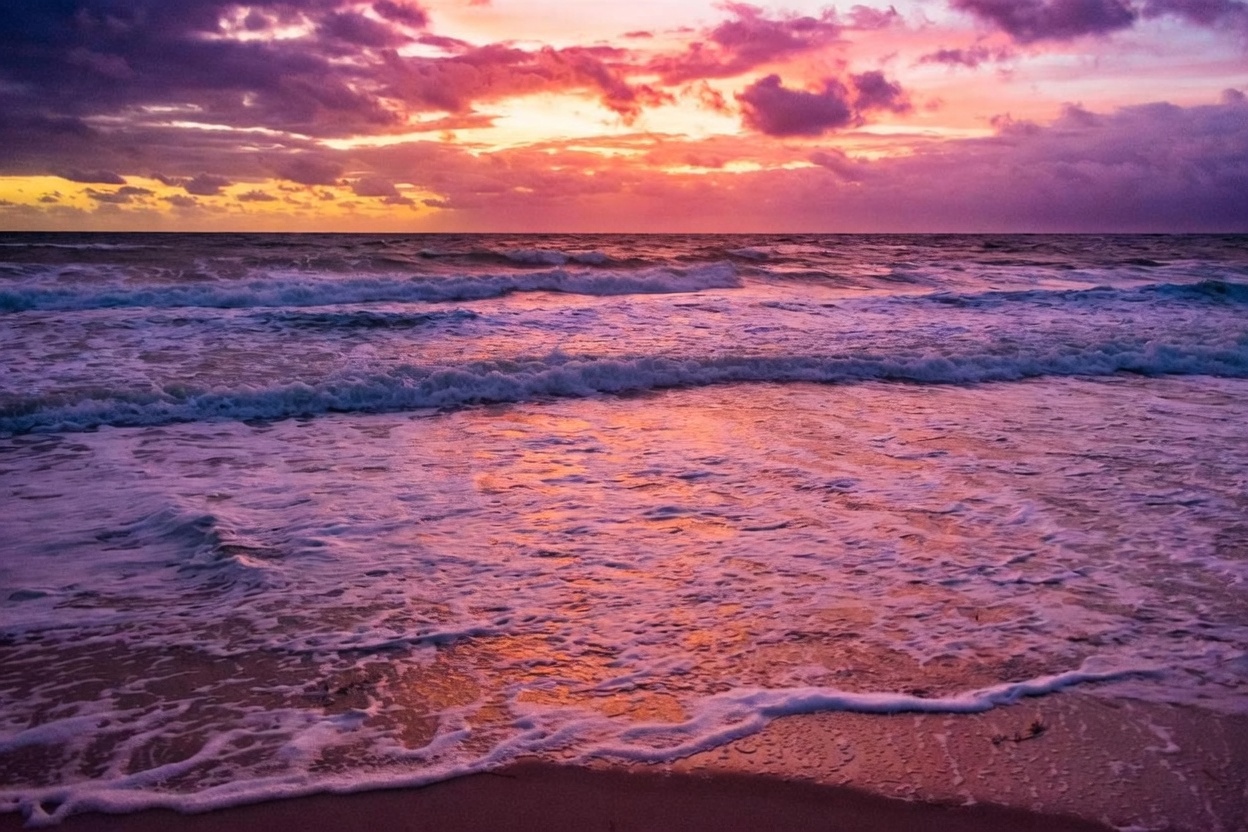 This image captures a serene, low-angle view of a beach at sunset, highlighting the rhythmic motion of ocean waves washing onto the sandy shore. The sky is filled with dramatic, vibrant clouds painted in shades of deep purple, magenta, and orange, reflecting beautifully across the wet sand and water. This tranquil coastal scene emphasizes the natural beauty and waterfront access associated with the property's location.