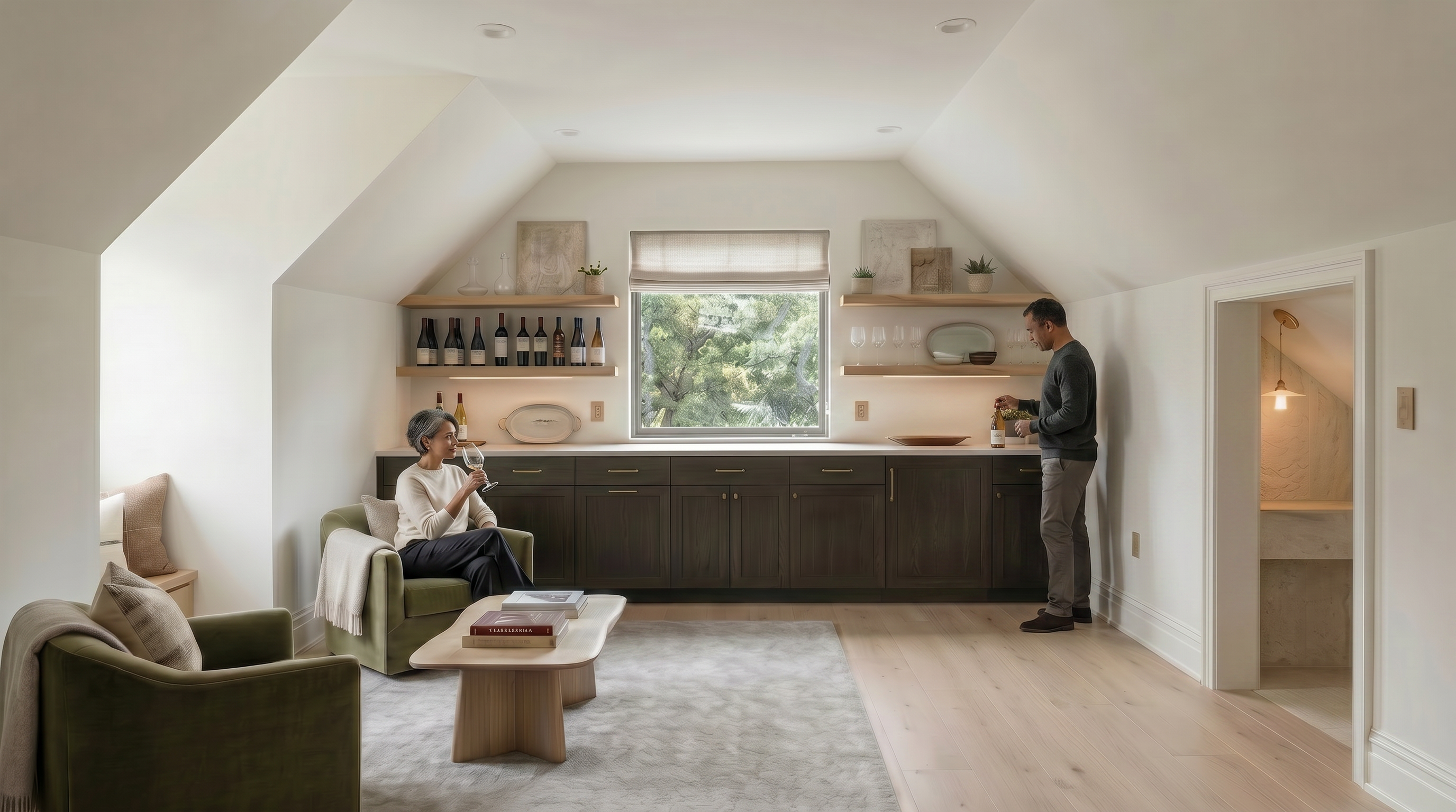 This cozy and elegant living space, styled as a refined wet bar area, features dark wooden cabinetry contrasted by warm, natural wood floating shelves and light-toned walls. Two plush olive-green armchairs surround a minimalist coffee table, creating an inviting seating nook beneath a sloped attic ceiling. The room is enhanced by soft ambient lighting, a neutral area rug, and an adjoining open doorway, offering a sophisticated and tranquil retreat.
