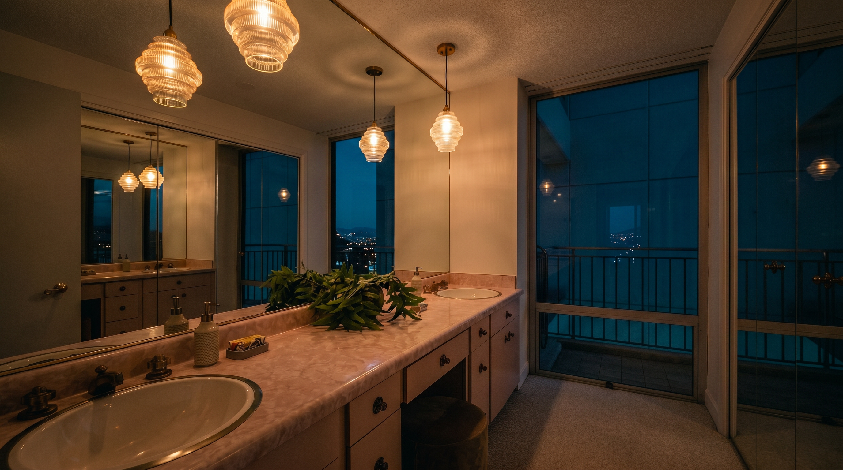 This primary bathroom features a distinctive pink stone vanity countertop with an integrated sink and a large, wall-to-wall mirror. The space includes a built-in vanity area with a stool, light-colored cabinetry, and elegant glass pendant lighting. A large window provides natural light and a view of the balcony, creating an airy and bright atmosphere.
