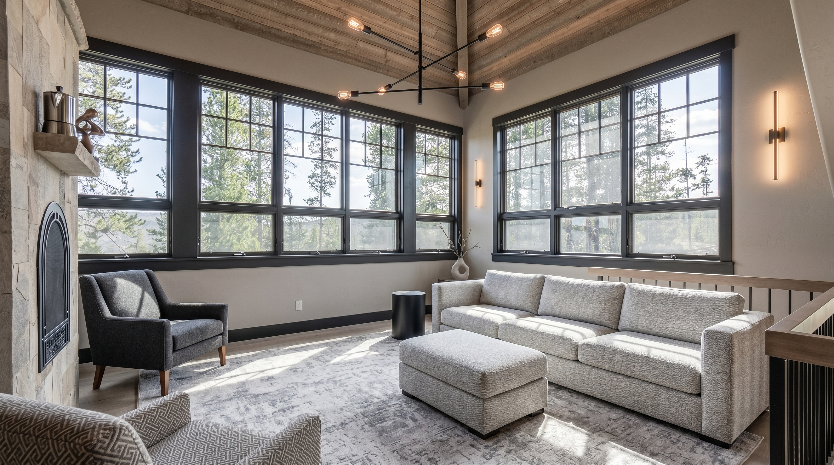 This inviting sunroom features a vaulted wood-paneled ceiling with a rustic chandelier and expansive windows that offer abundant natural light and views of the surrounding trees. The space is furnished with a comfortable sofa, a patterned armchair, and a wooden rocking chair, all arranged on neutral carpeting. A stone-clad chimney breast adds a textured, rustic element to the room, creating a cozy atmosphere perfect for relaxation.