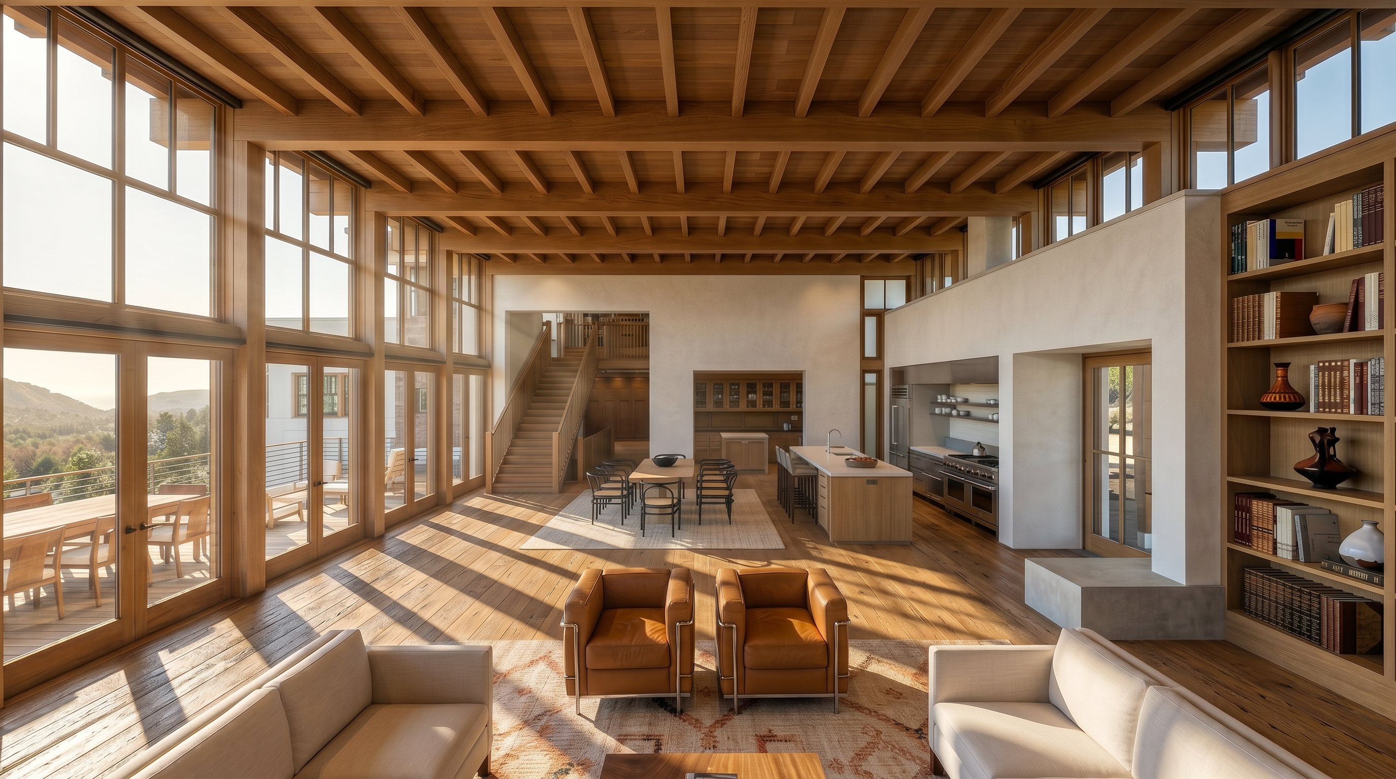 This expansive, open-concept living area features a high, exposed-beam ceiling and a wall of tall windows that flood the space with natural light. The room includes a central seating area with light-toned sofas and leather armchairs, a dining space, and a kitchen with a large island. A built-in bookshelf lines the right wall, while a staircase leads to an upper level, creating a sophisticated and airy atmosphere.