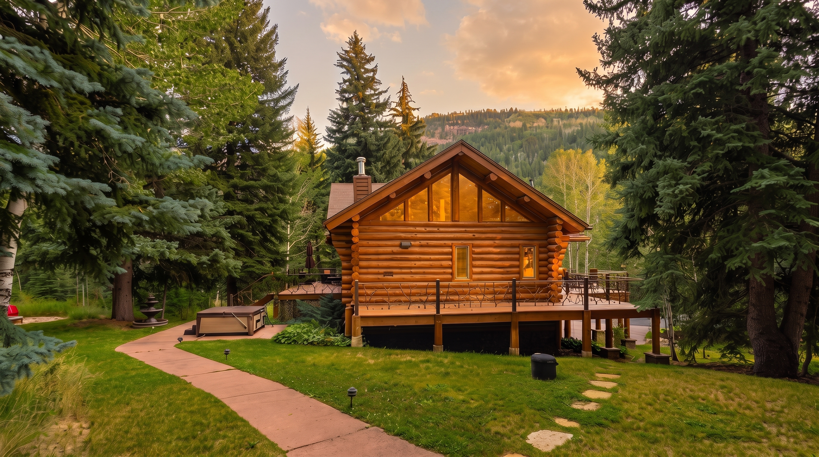 This rustic log cabin is nestled in a lush, wooded setting, featuring a large wooden deck that wraps around the rear of the home. The structure showcases classic log construction with a prominent gable roof and large windows that capture the surrounding mountain scenery. A paved walkway leads through the grassy yard toward a hot tub, creating a serene and inviting outdoor living space.