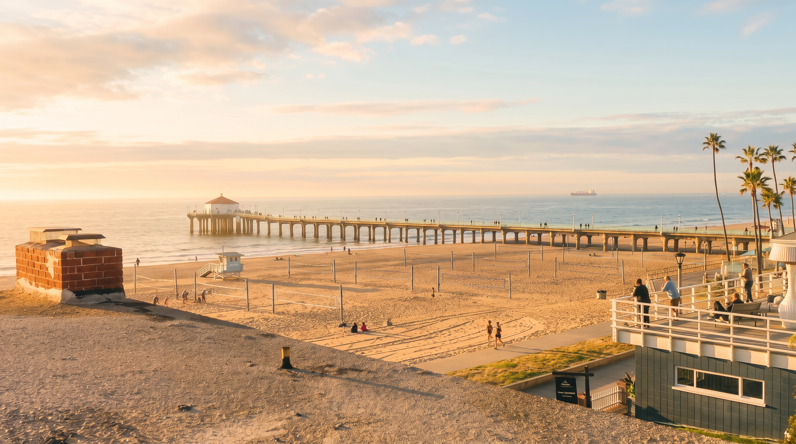 This elevated perspective captures a stunning, unobstructed view of the ocean and a prominent pier from a private balcony. The foreground features a brick chimney structure and a portion of a building with a white railing, while the middle ground showcases a sandy beach with volleyball courts and a lifeguard tower. The bright, sunny sky and expansive coastal horizon create an inviting and serene atmosphere, highlighting the property's prime location.