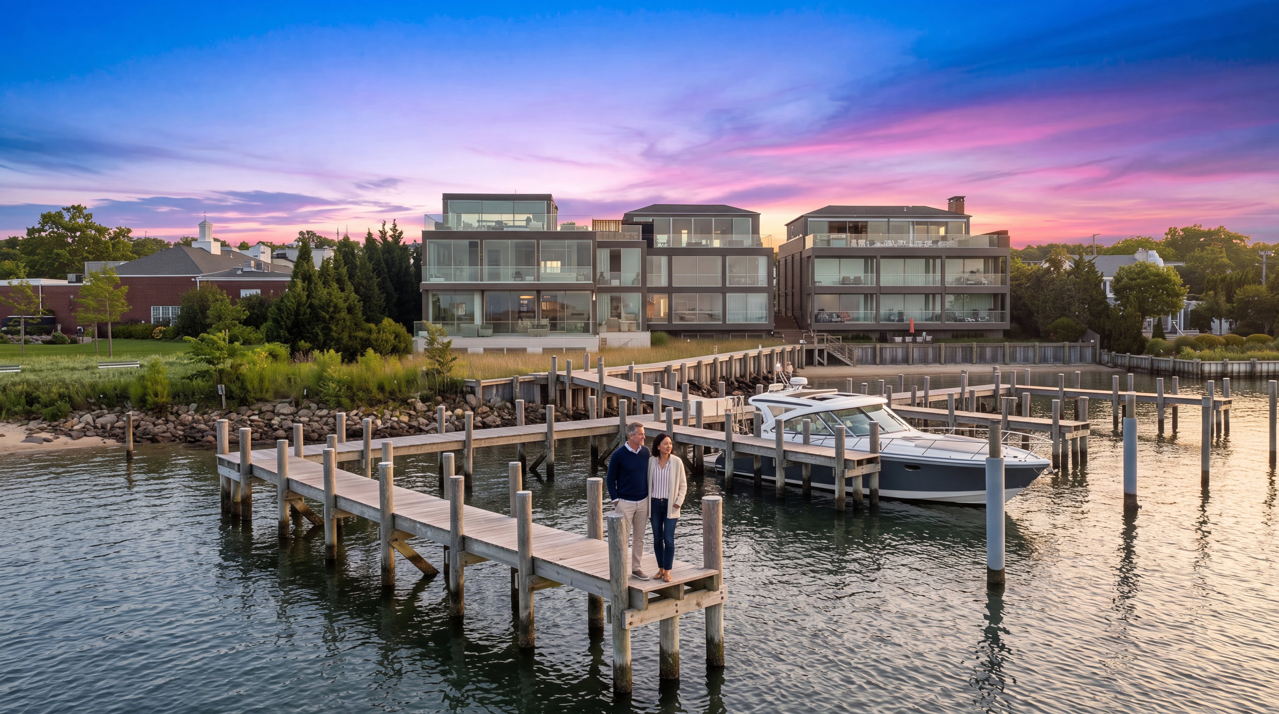 This stunning waterfront property features a contemporary architectural design with three levels of glass-encased residential space overlooking a private marina. A couple stands on the expansive wooden dock, which accommodates a luxury boat, set against the backdrop of a vibrant, colorful sunset. The manicured landscape and integration of modern living with water access highlight the property's exclusive and serene lifestyle.
