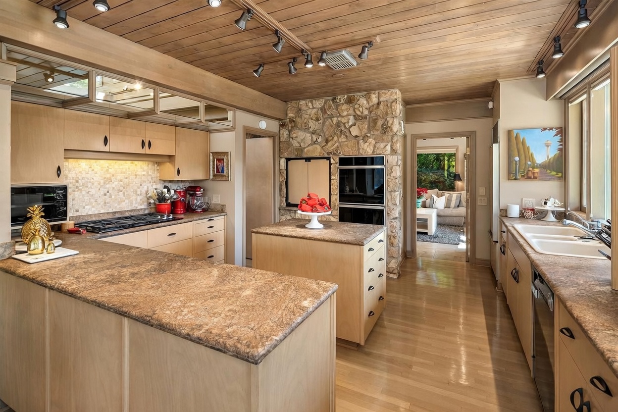 This kitchen features light wood cabinetry, stone-patterned countertops, and a central island topped with a bowl of red peppers. A prominent stone-clad chimney breast houses a built-in double oven, while a tiled backsplash complements the warm, wood-paneled ceiling. The perspective looks across the workspace toward an adjacent living area, highlighting the open flow and natural light entering from the right.