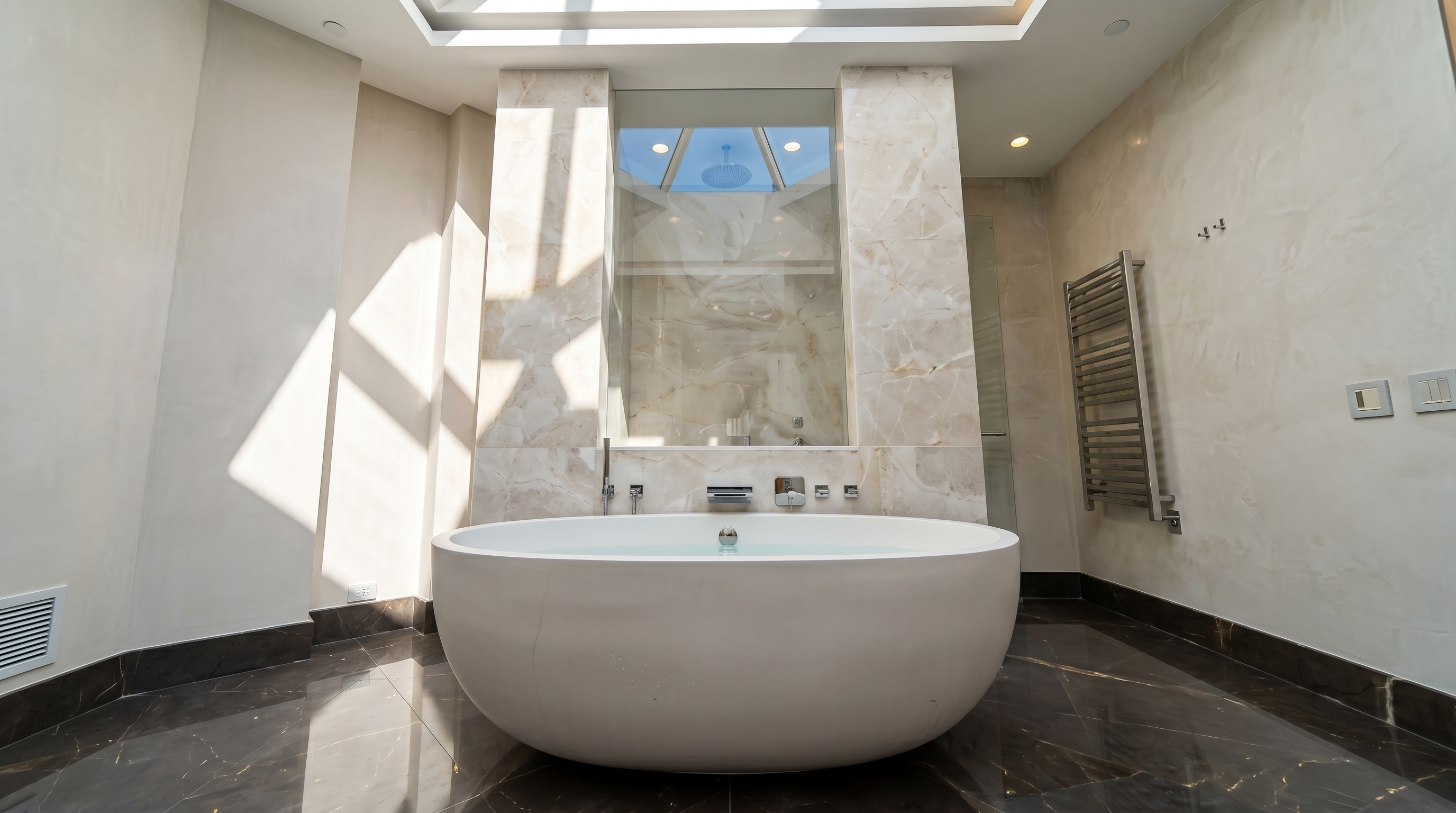 This luxurious primary bathroom features a central, freestanding oval soaking tub positioned beneath a dramatic, geometric skylight that floods the space with natural light. The room is finished with dark, polished stone flooring and a matching stone-clad wall behind the tub, creating a sophisticated and high-end aesthetic. A wall-mounted heated towel rack and recessed lighting complete the modern, spa-like atmosphere of this architectural space.