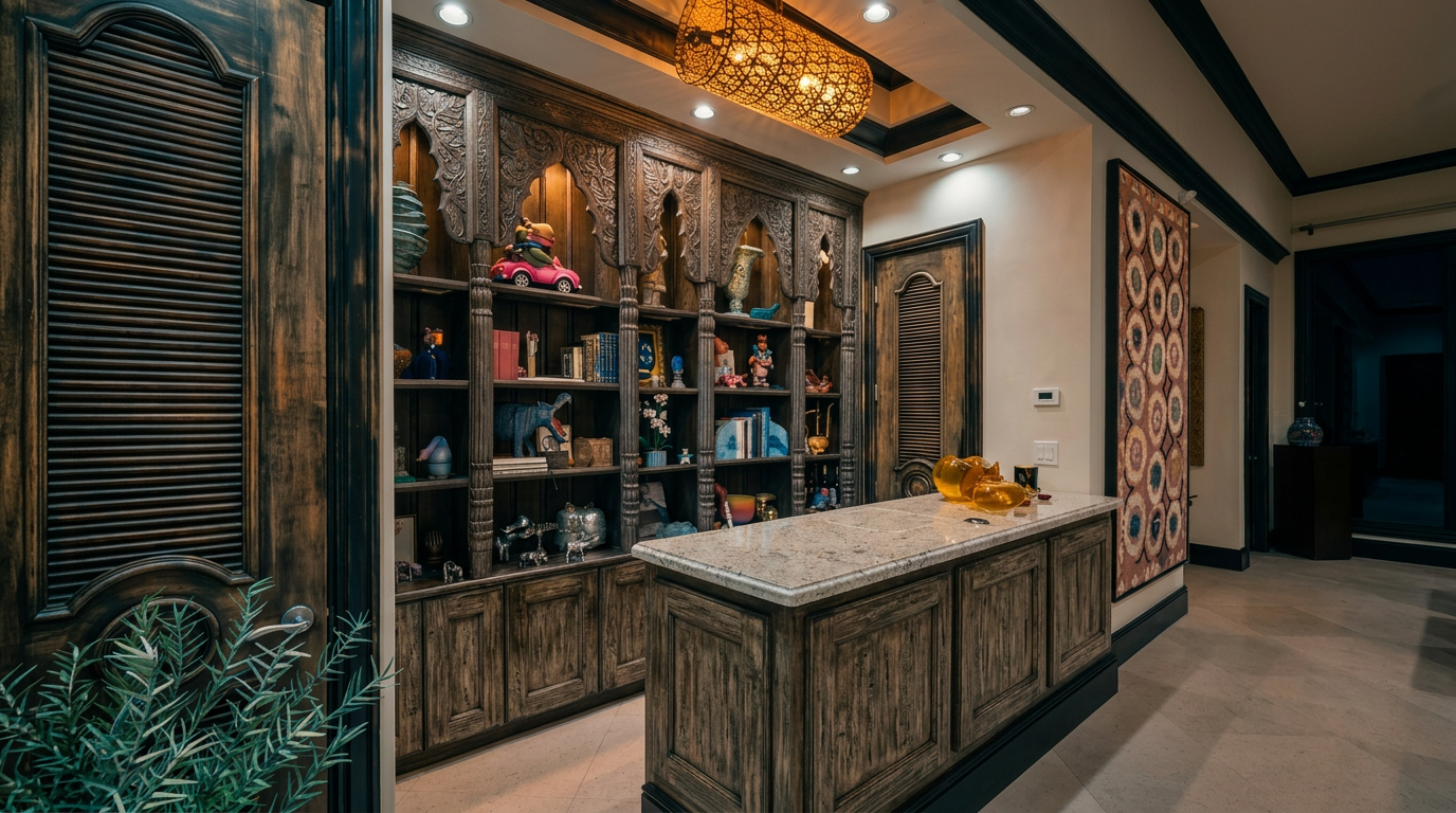 This elegant home bar area features dark, intricately carved wooden cabinetry with built-in shelving displaying various decorative objects. A central island with a light-colored stone countertop provides a functional workspace, while a large, textured pendant light hangs from the ceiling. The space is accented by a tall, colorful patterned wall hanging and dark wood trim, creating a sophisticated and moody atmosphere.