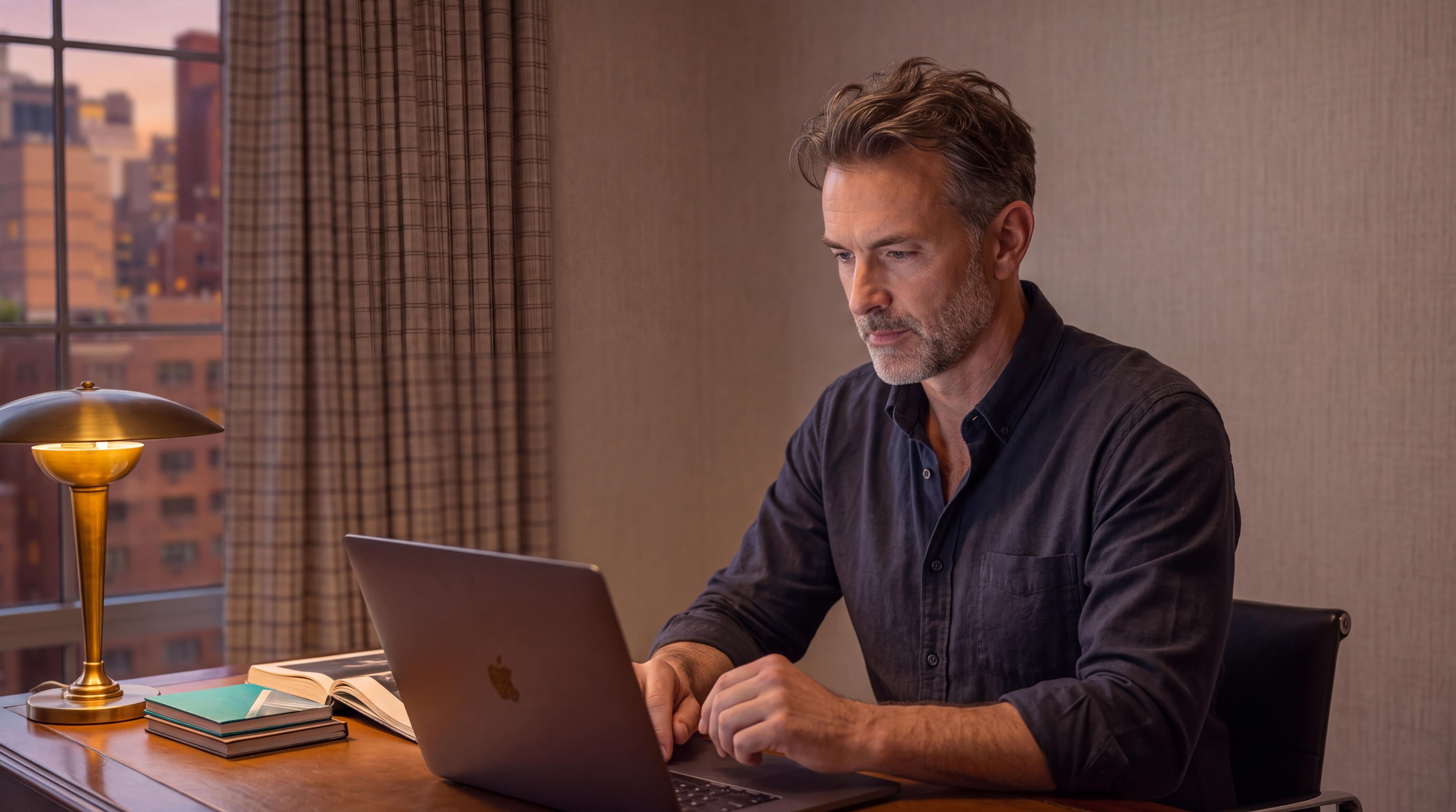 A sophisticated home office space featuring a focused individual working at a wooden desk with a laptop. The room is warmly lit by a classic brass desk lamp and includes stacked books, creating an atmosphere of professional productivity. A large window in the background offers a city skyline view, suggesting a high-end apartment or urban residential setting.