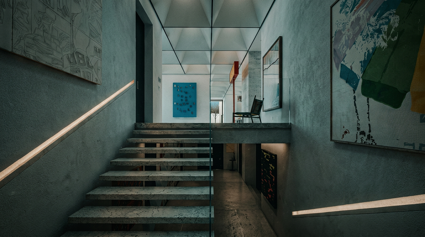 This striking interior space features a minimalist floating staircase with light-colored stone treads and a sleek glass railing. The hallway is characterized by high ceilings with a geometric grid pattern, bright white walls adorned with contemporary art, and a clean, gallery-like aesthetic. The perspective looks up from the lower level toward an elevated landing, emphasizing the architectural depth and modern design of the home.