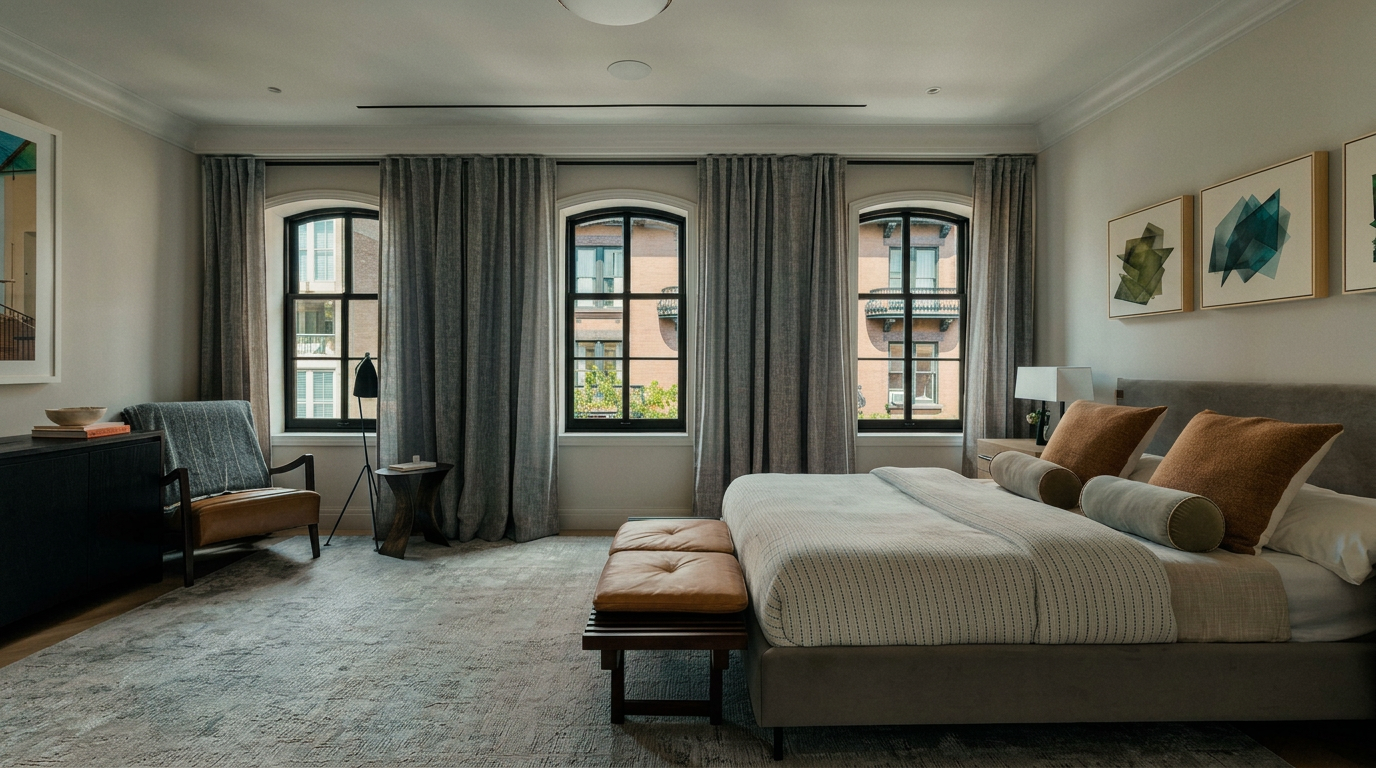 This sophisticated primary bedroom features a neutral color palette, a plush upholstered bed with warm-toned accent pillows, and a matching leather bench at the foot. Three large, arched windows draped in floor-to-ceiling curtains allow natural light to fill the room, while a textured area rug adds warmth and depth to the space. The room is elegantly appointed with modern artwork and a sleek armchair, creating a serene and luxurious retreat.
