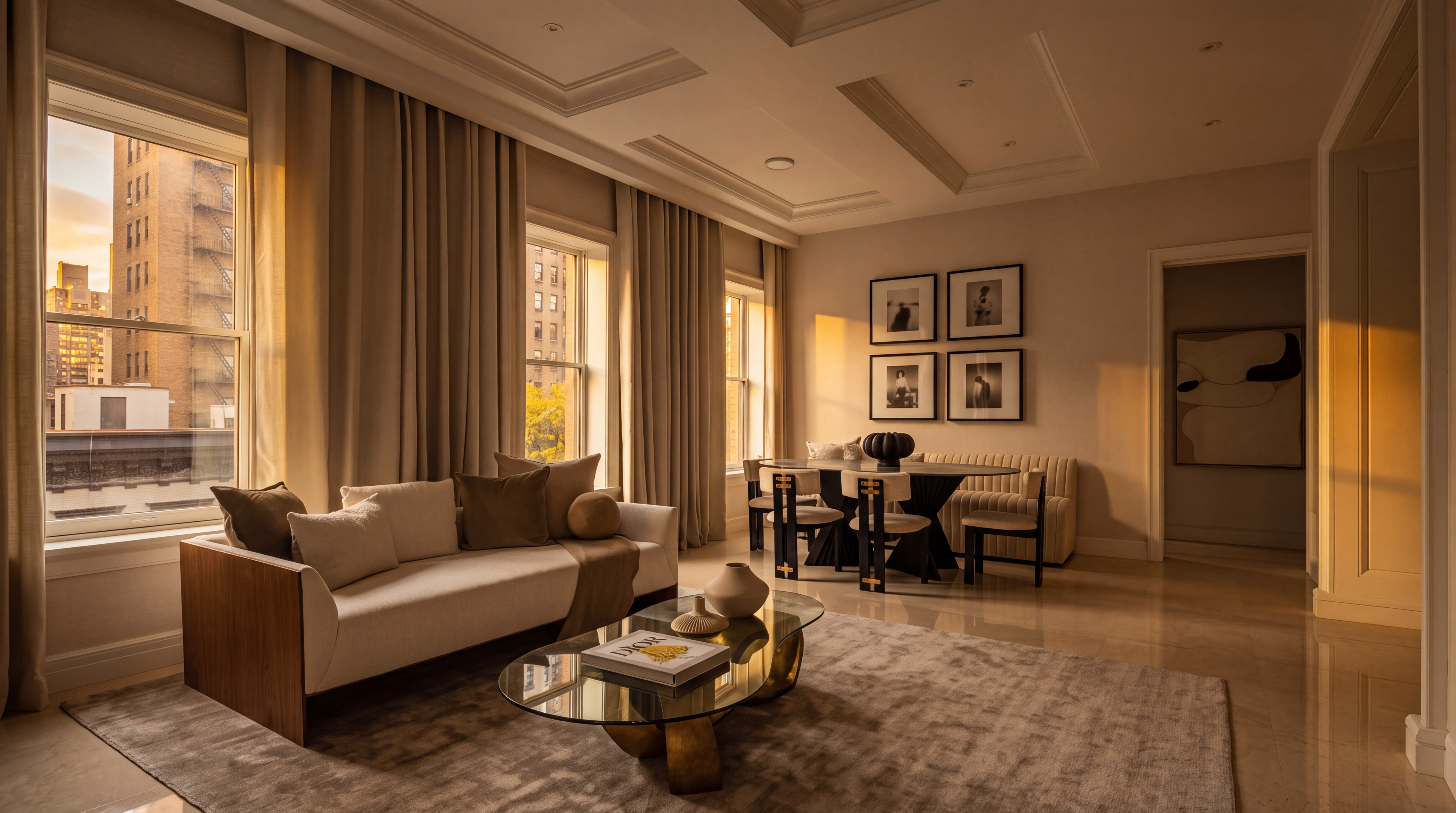 This elegant, light-filled living area features a neutral color palette with a modern sofa, a glass-topped coffee table with a gold-toned base, and a dining set positioned near large windows draped in floor-length curtains. The space is accented by framed wall art and a large abstract painting in the adjacent hallway, creating a sophisticated and cohesive aesthetic. The perspective is a wide-angle shot that captures both the lounge and dining zones, emphasizing the open and airy layout of the room.