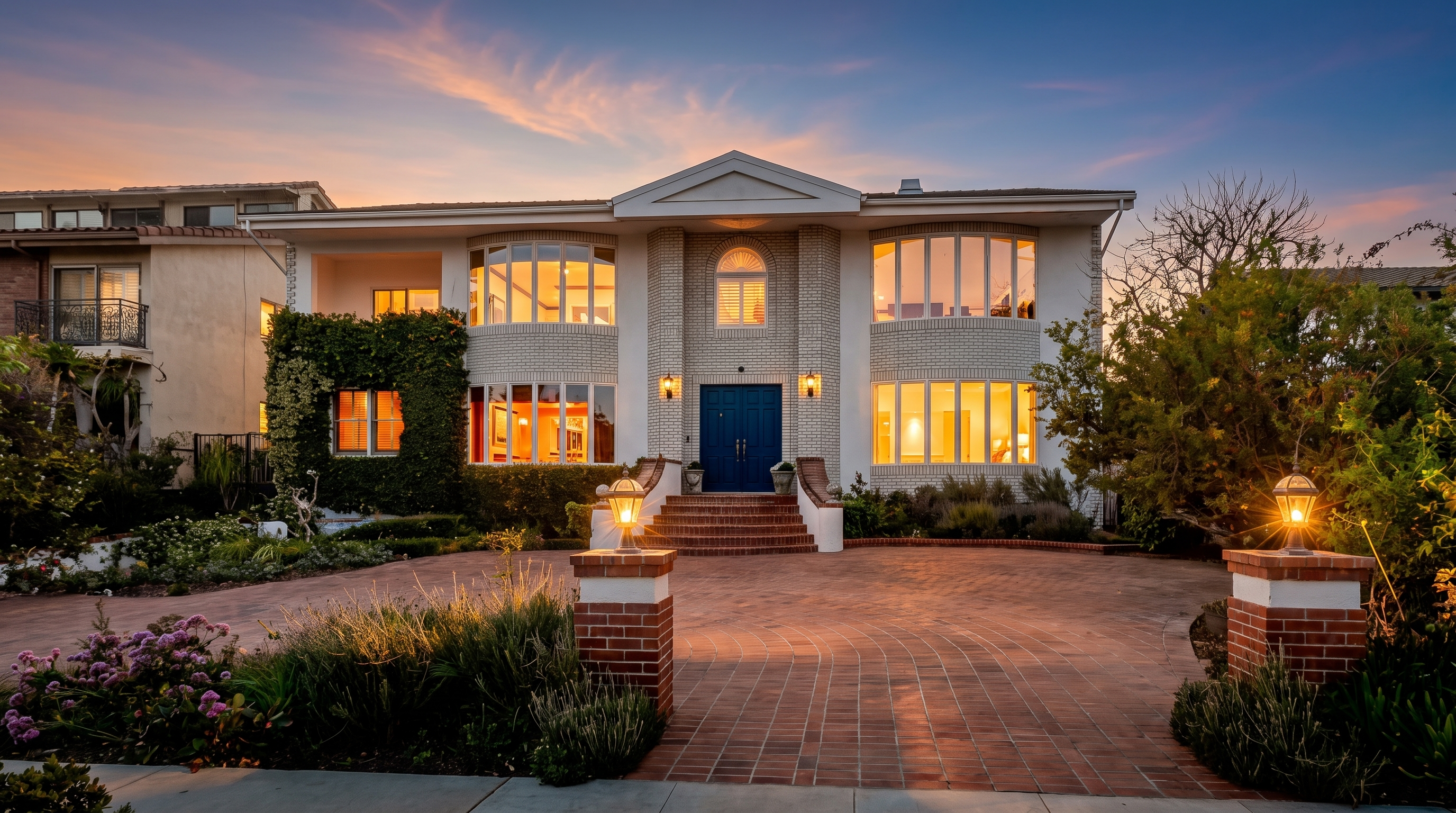 This two-story residence features a symmetrical facade with light-colored brick and a prominent central entryway with a blue double door. A black metal gate secures the paved driveway, while mature landscaping and climbing ivy add texture to the front exterior. The perspective is a straight-on, eye-level shot capturing the home during the soft light of dusk.