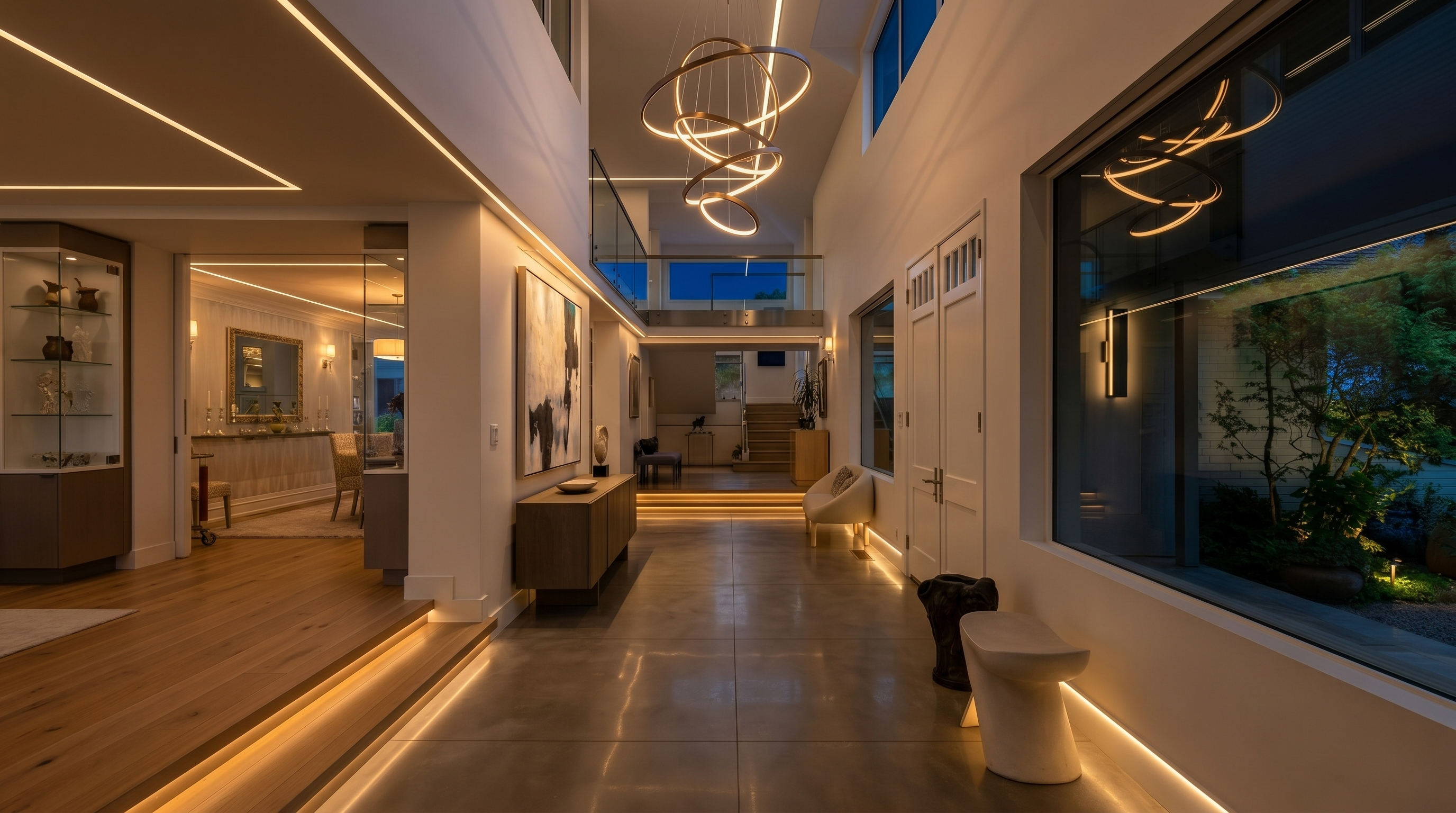 This expansive, light-filled foyer features a dramatic double-height ceiling and a striking sculptural chandelier that serves as a focal point. The space transitions from polished concrete flooring to warm light wood steps, leading toward a staircase in the background. Large windows provide a view of an outdoor garden area, enhancing the open, airy, and contemporary architectural aesthetic.