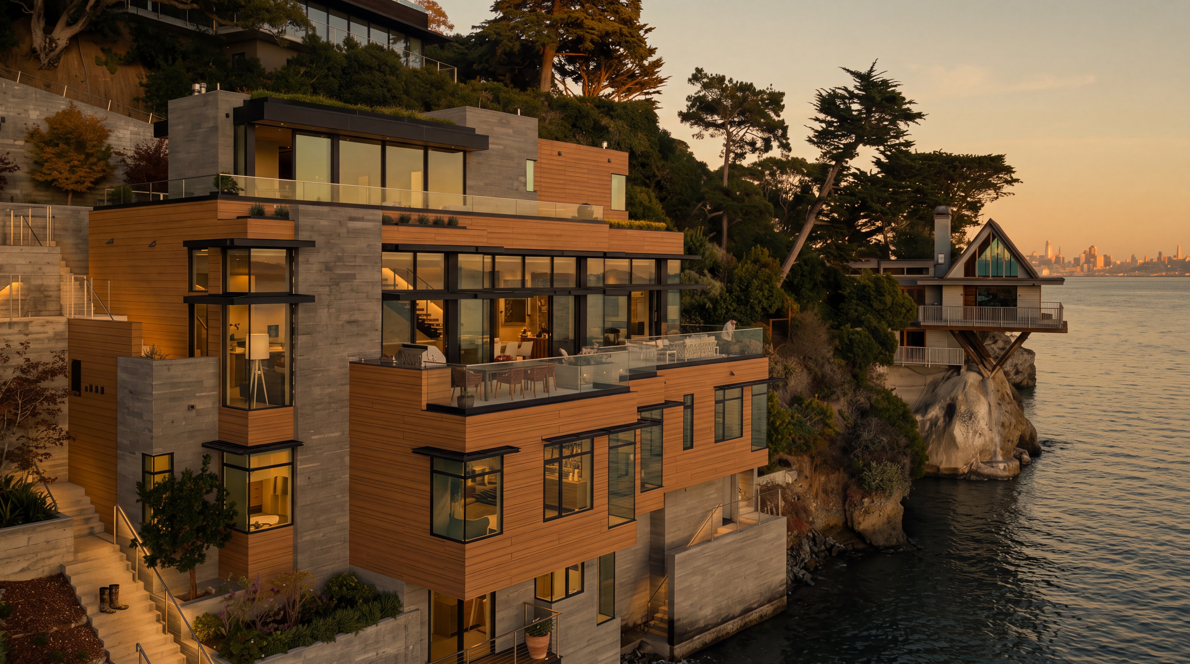 This stunning multi-level modern residence is perched dramatically on a rocky cliffside overlooking the water, with a distant city skyline visible on the horizon. The home features a sophisticated blend of wood-toned siding, concrete foundations, and expansive glass walls that offer panoramic views. A series of tiered terraces and outdoor living spaces integrate seamlessly with the rugged landscape, while a separate, smaller structure sits on a nearby rock outcropping, connected by the natural coastal setting.