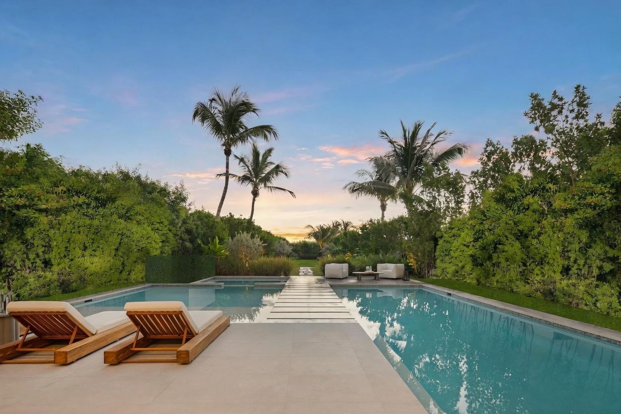 This serene outdoor space features a rectangular swimming pool with a central stone walkway bridge leading to a lounge area. Two wooden lounge chairs sit on the foreground patio, while a pair of white armchairs and a small table are positioned on the far side of the pool. The scene is framed by lush, dense greenery and tall palm trees under a soft, twilight sky.