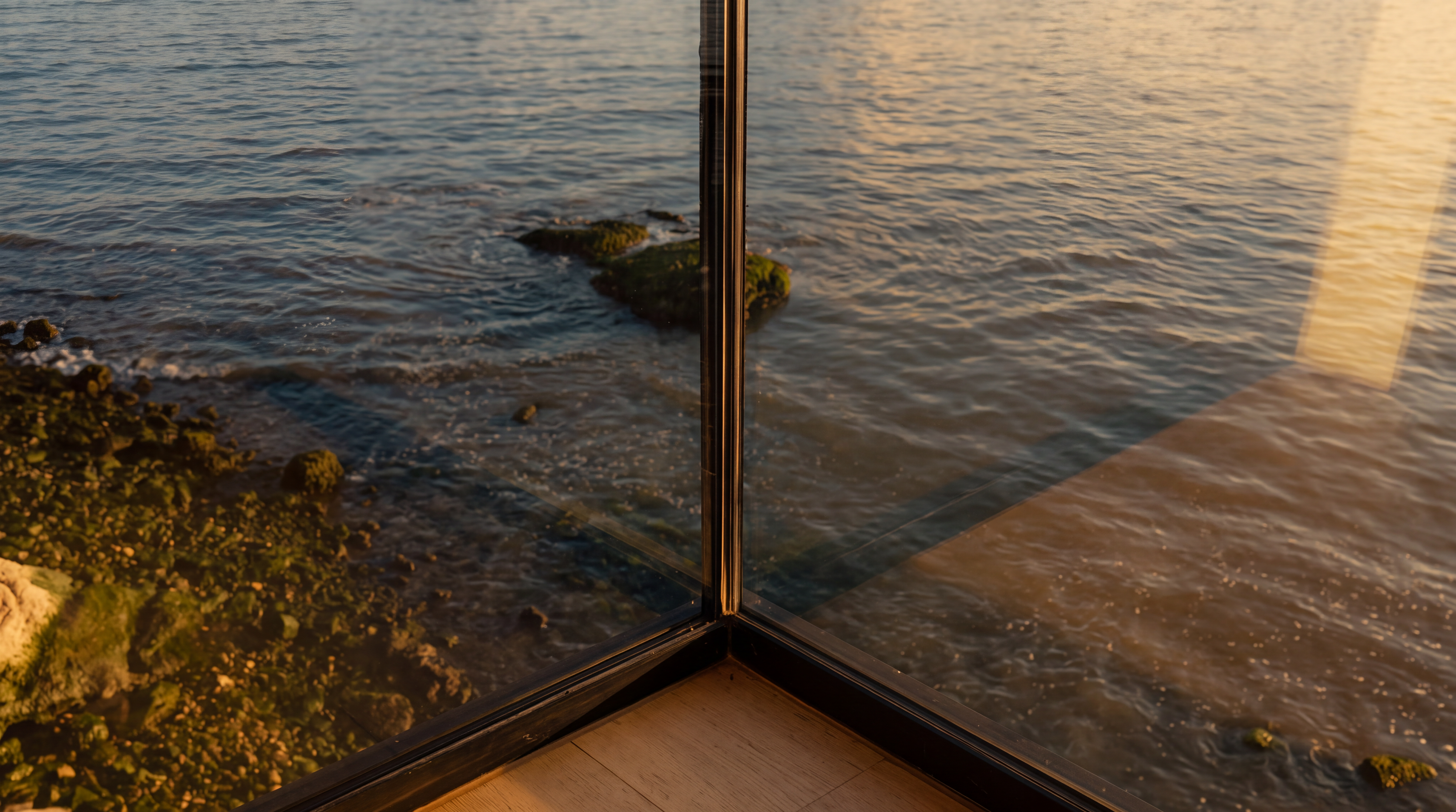 This interior perspective captures a dramatic corner view through expansive floor-to-ceiling glass walls that frame the rugged coastline. The clear glazing provides an unobstructed look at the rocky shoreline, moss-covered stones, and the rhythmic movement of the ocean water below. The minimalist framing emphasizes the seamless connection between the indoor living space and the natural waterfront environment.