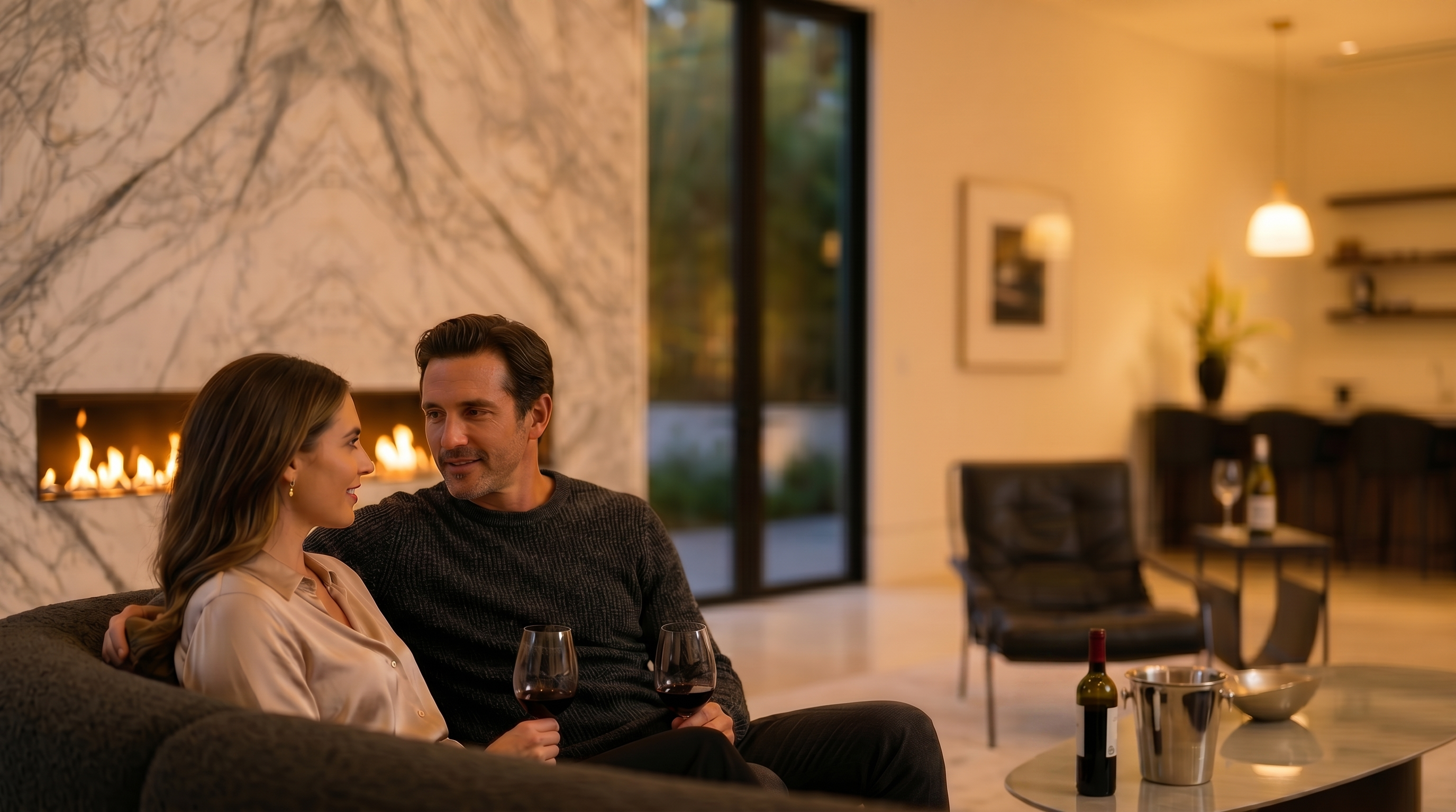 This spacious, open-concept living area features a striking stone-clad chimney breast with a linear fireplace as its central focal point. The room is furnished with curved, dark-toned sofas and a sculptural coffee table, set against a neutral backdrop that flows into a bar area with high-top seating. Large glass doors provide a seamless connection to the outdoor space, bathing the room in natural light and creating an airy, sophisticated atmosphere.
