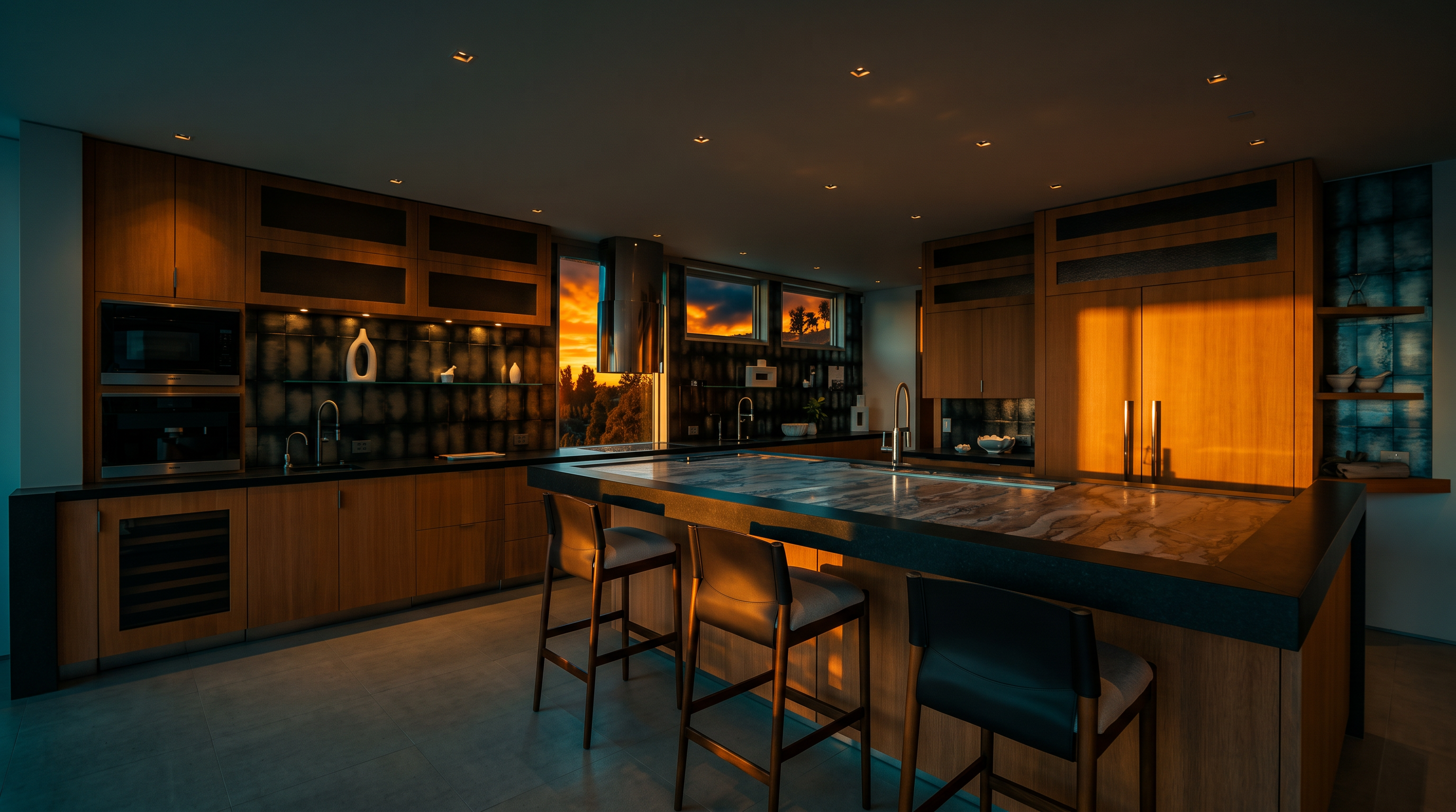 This modern kitchen features light wood cabinetry, a large central island with a stone countertop, and a dark, textured backsplash. The space is equipped with built-in stainless steel appliances and three bar stools, creating a functional and stylish area for dining or entertaining. The perspective is a wide-angle shot from the kitchen floor, highlighting the open layout and the clean, contemporary design.